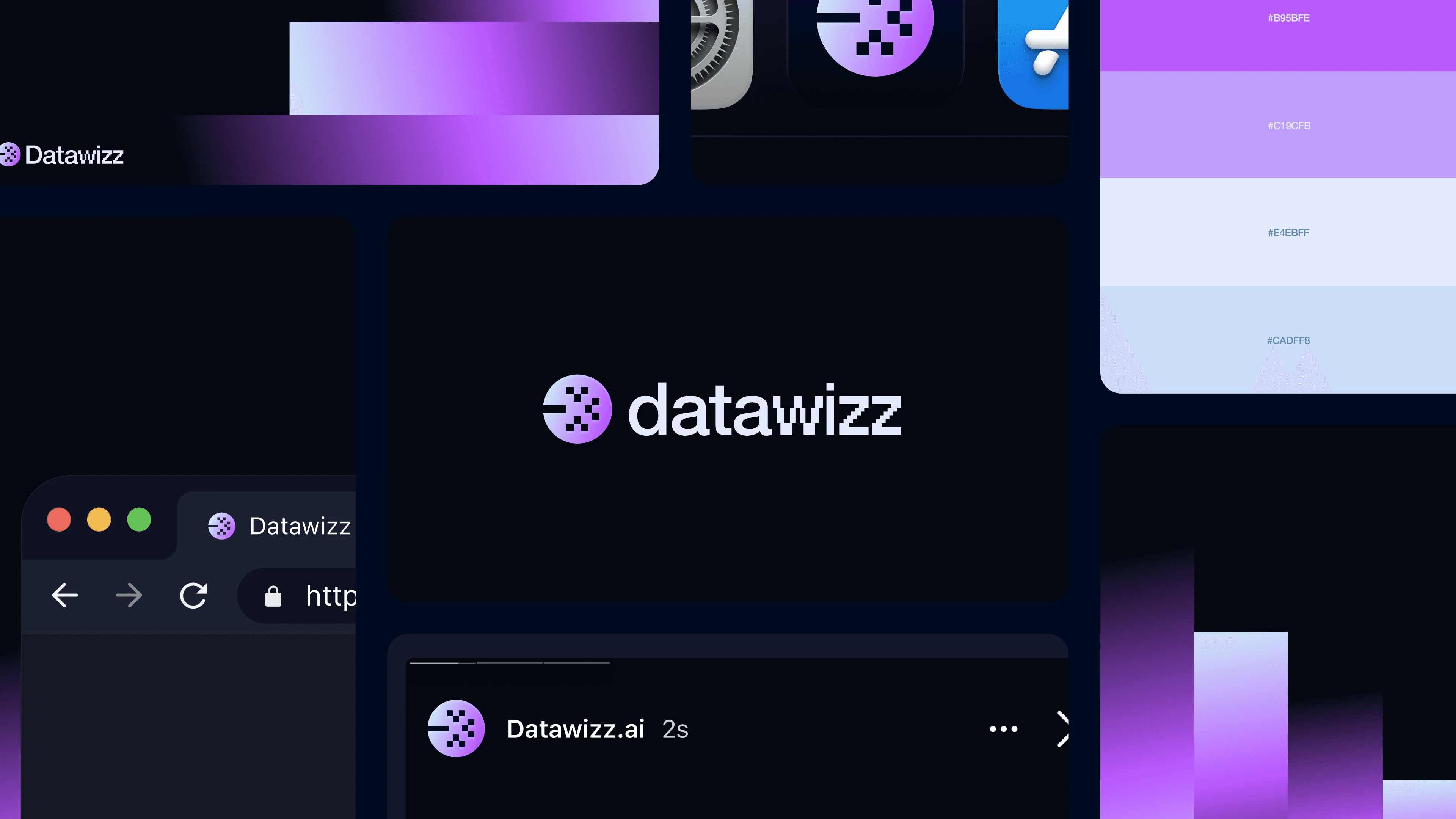 Brand direction: a pixel symbol and violet gradient blocks, shown on a browser tab, a social post and an app icon, with its colour palette