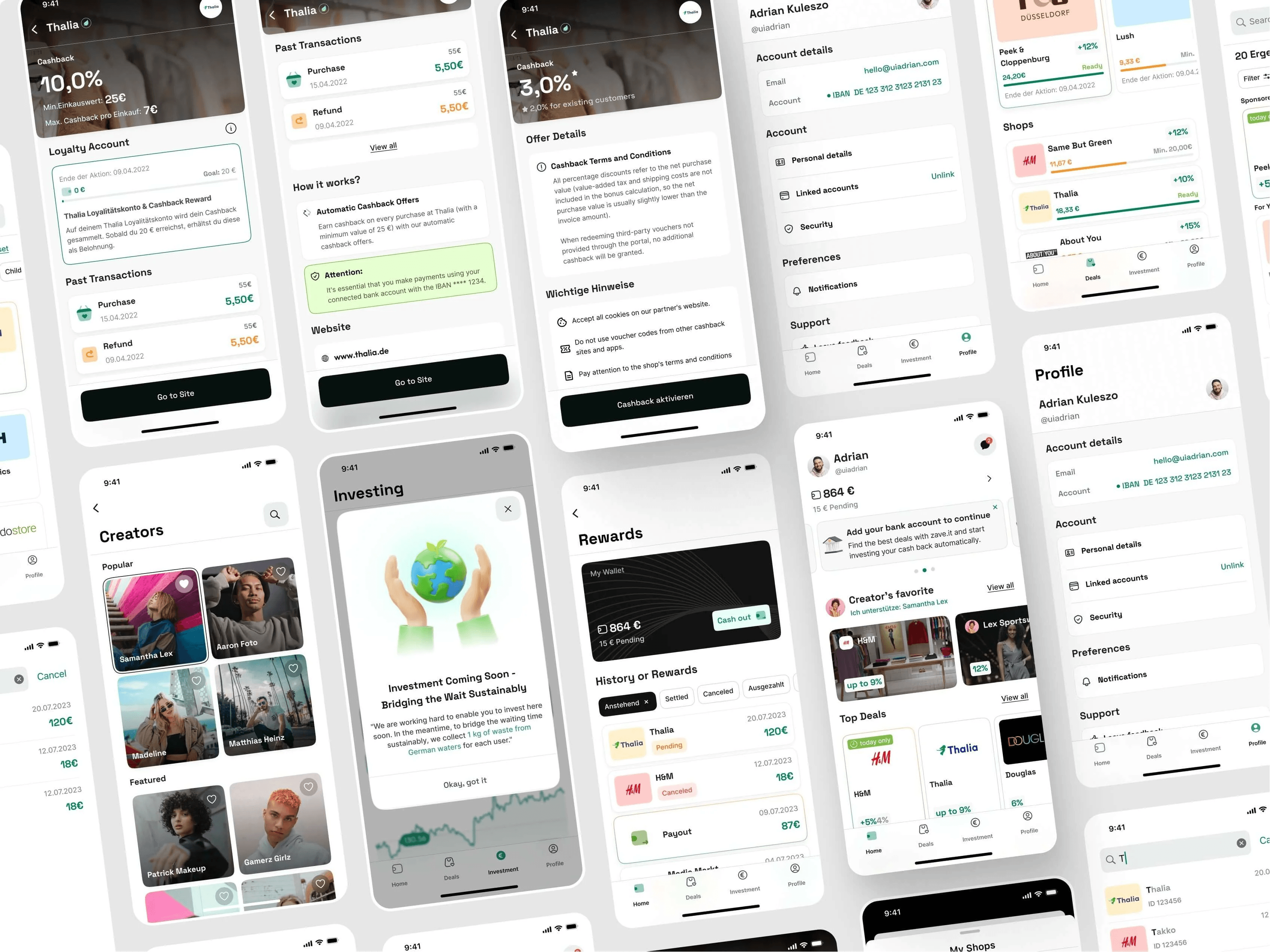 Zave.it app screens: shop cashback offers, creators, rewards, investing coming soon and the profile