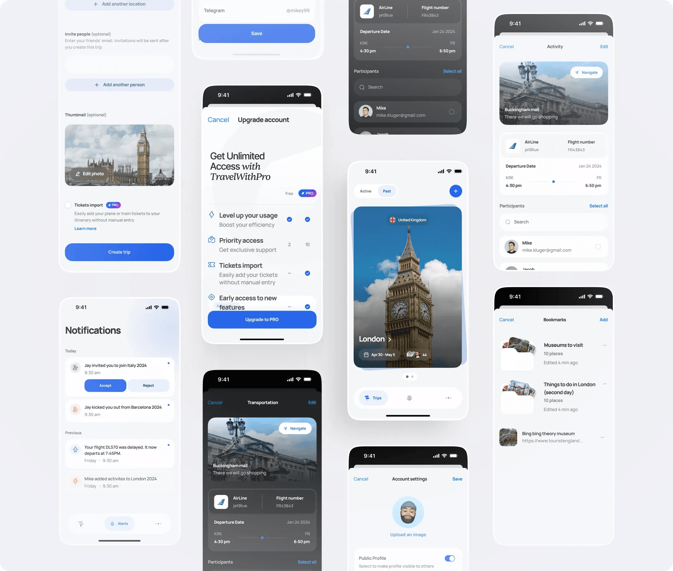 A board of TravelWith app screens: create a trip, notifications, Upgrade to TravelWith Pro, trip cards, transportation, bookmarks and account settings