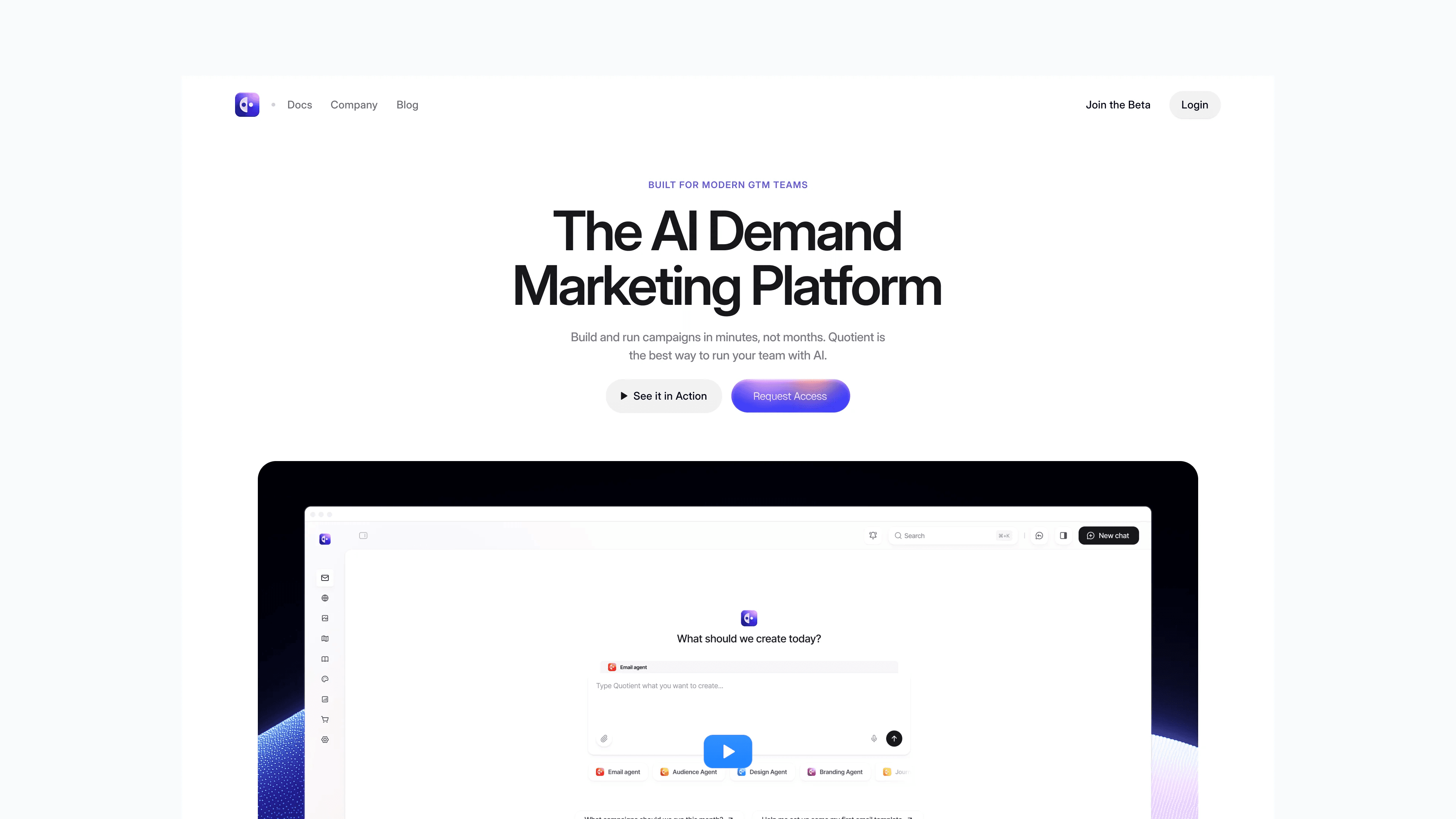 Quotient homepage hero: The AI Demand Marketing Platform, with Request Access and the product in a dark frame below