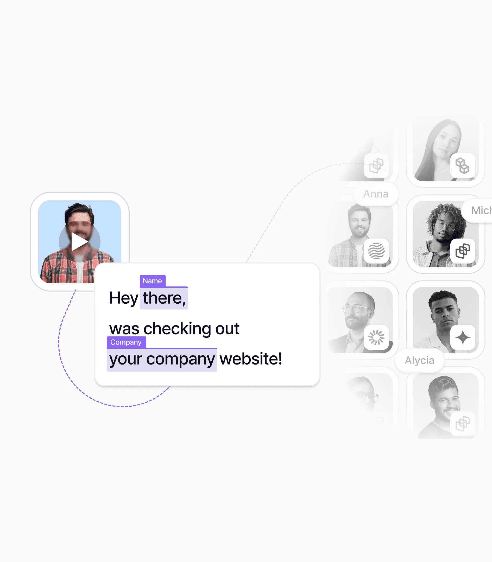 Personalisation visual: Hey there, was checking out your company website, with Name and Company variables and a grid of viewers
