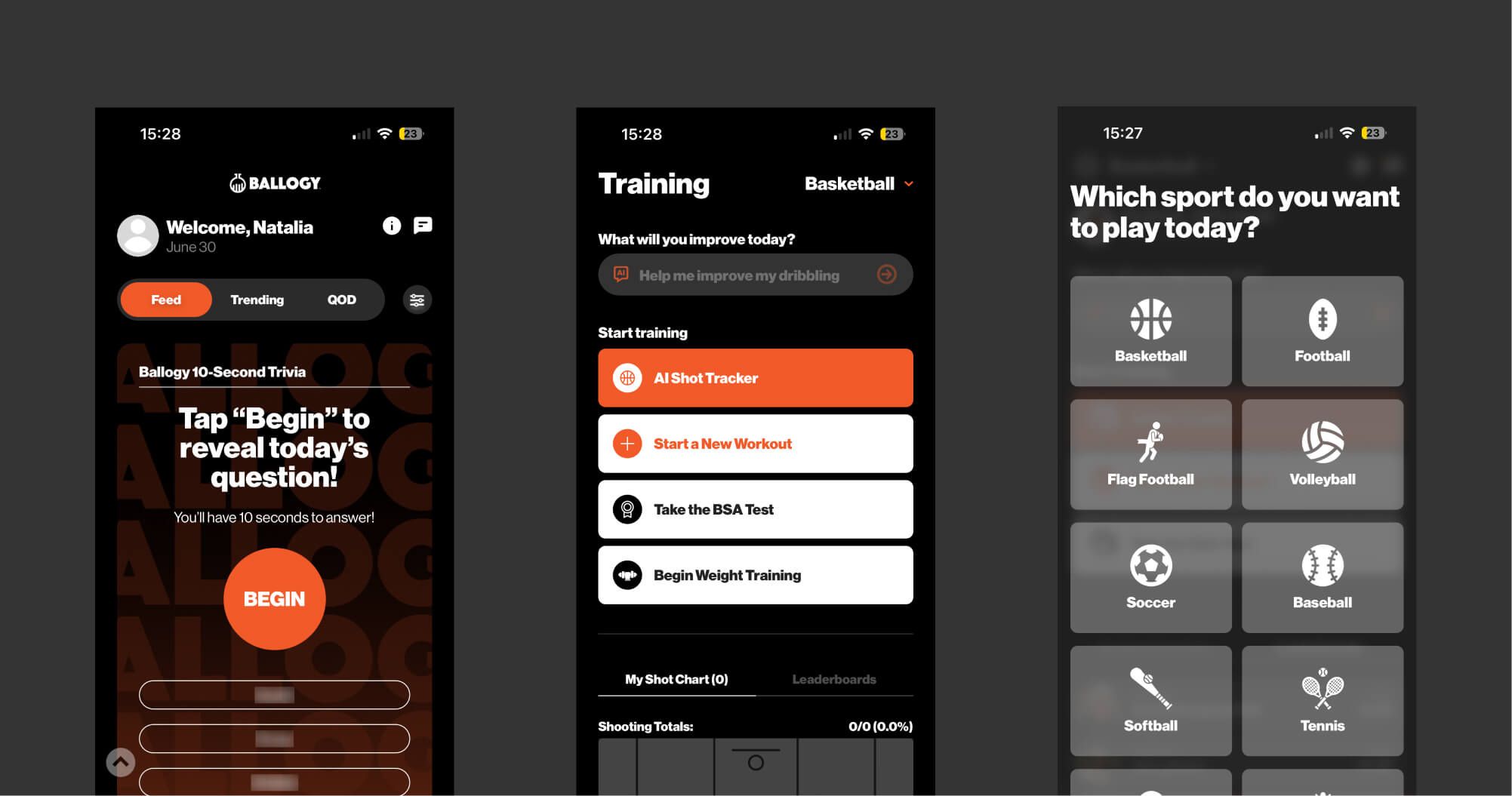 Three screens from the Ballogy app before the redesign: a feed with a daily trivia question, a training menu and a sport picker