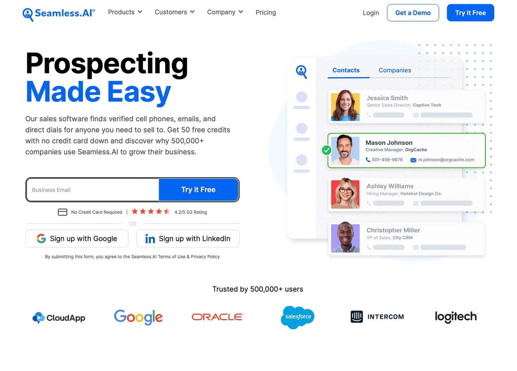 The old Seamless.AI homepage: "Prospecting Made Easy" headline with an email signup form and a list of contact cards