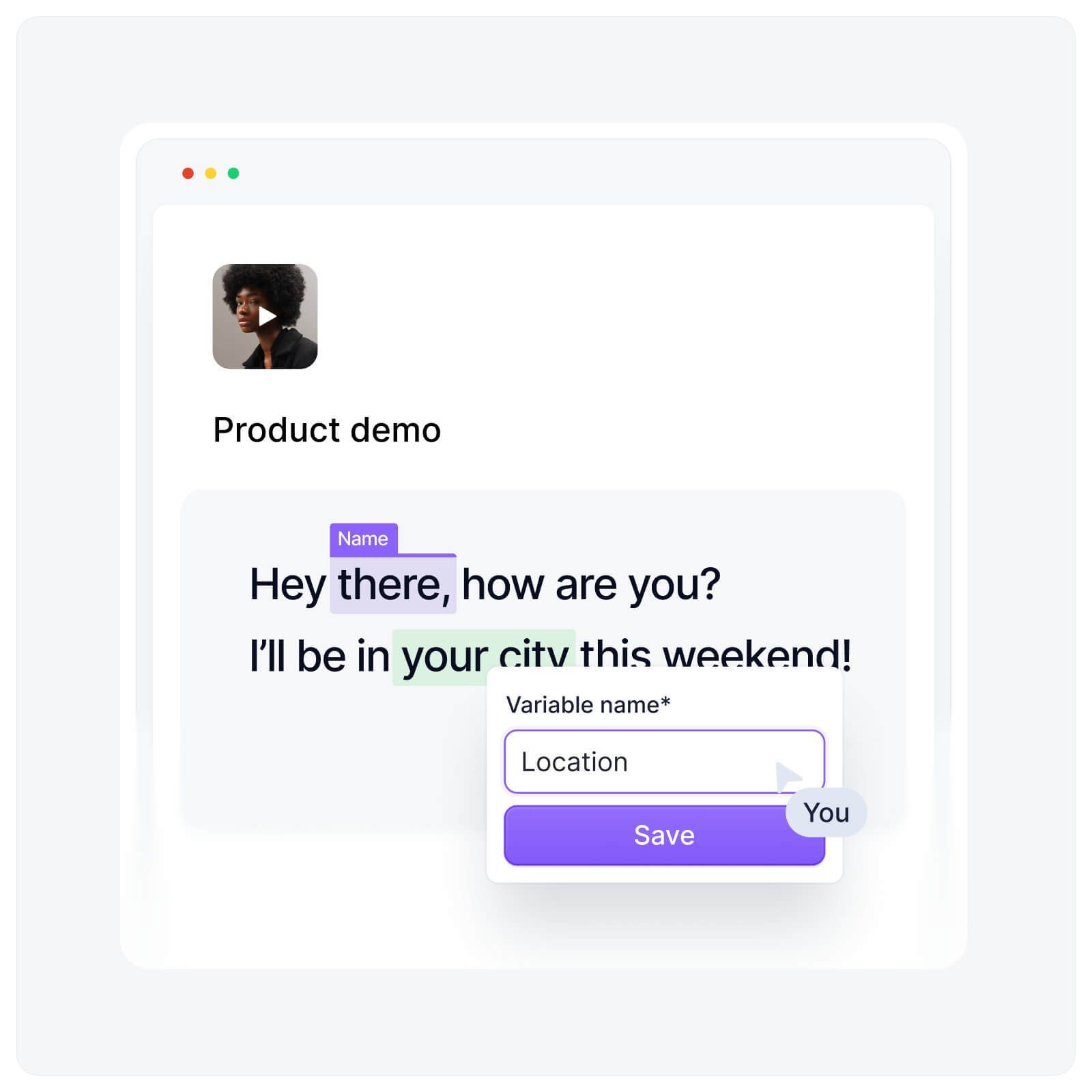 A product demo card where a viewer’s city becomes a variable named Location