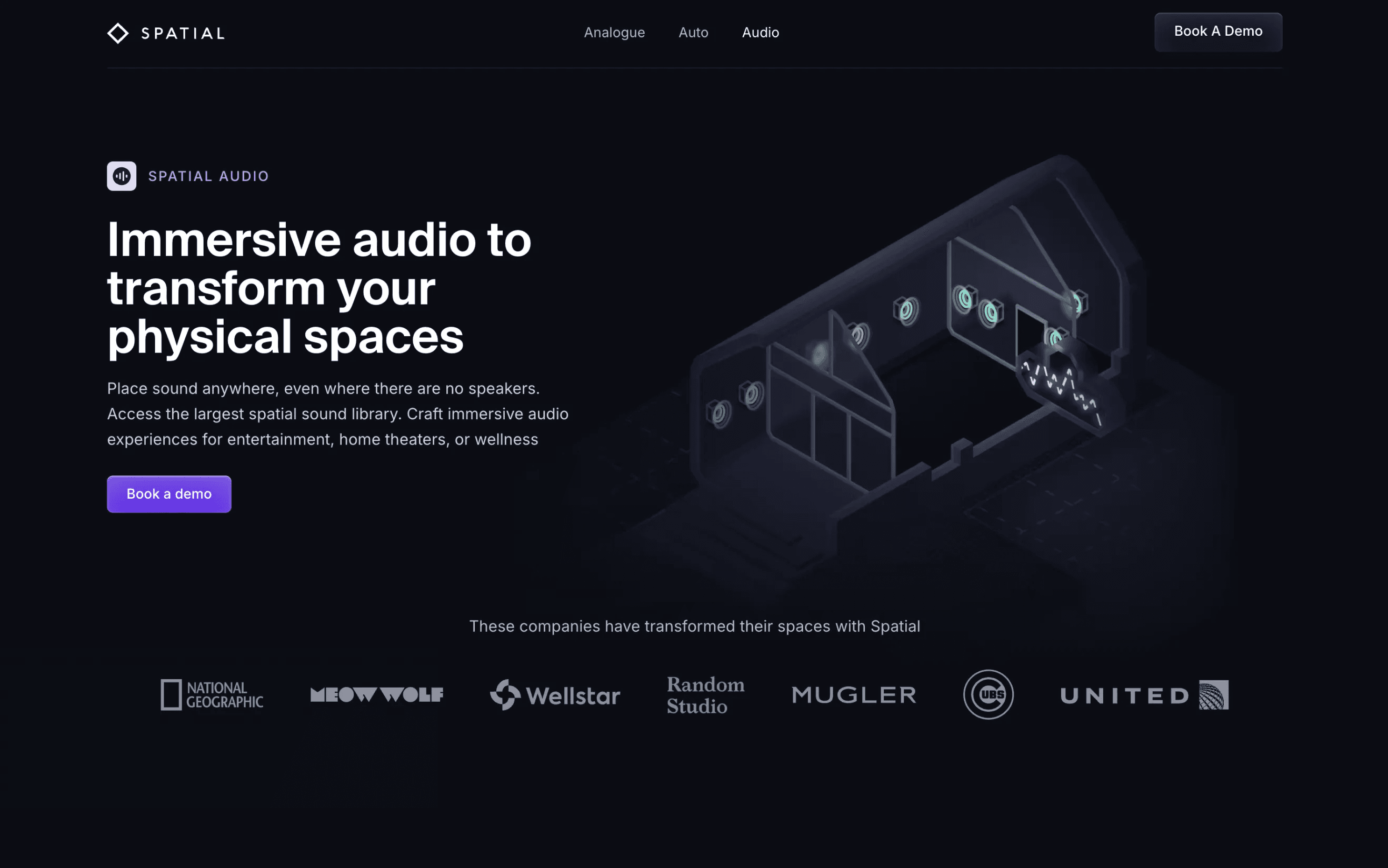 After: Spatial’s website: the old Technology section, Innovation at the speed of sound, in white with a pink button, and the new dark Spatial Audio hero, Immersive audio to transform your physical spaces, with customer logos underneath