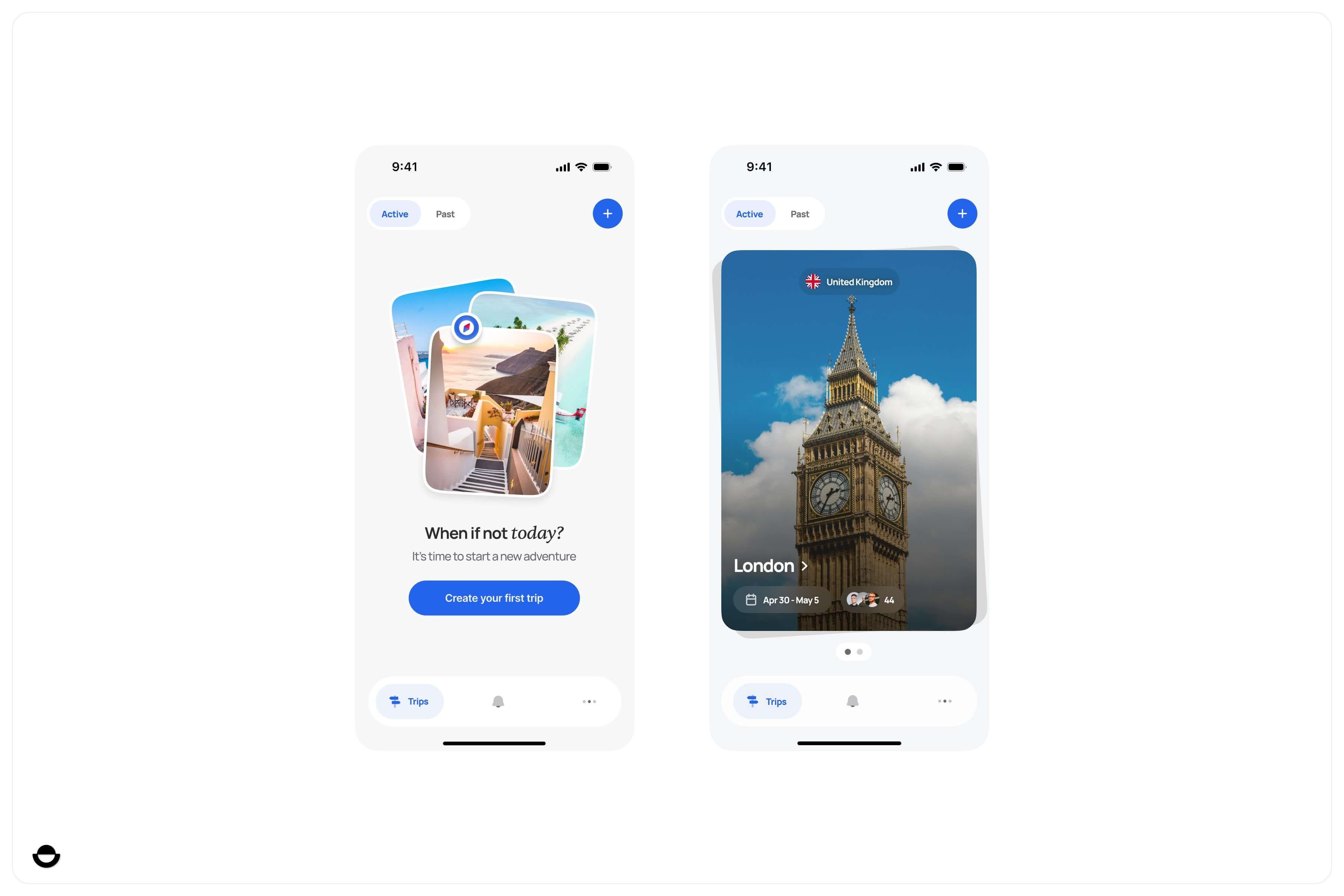 Two trip screens: the empty state, When if not today?, with Create your first trip, and a London trip card with its dates and travellers