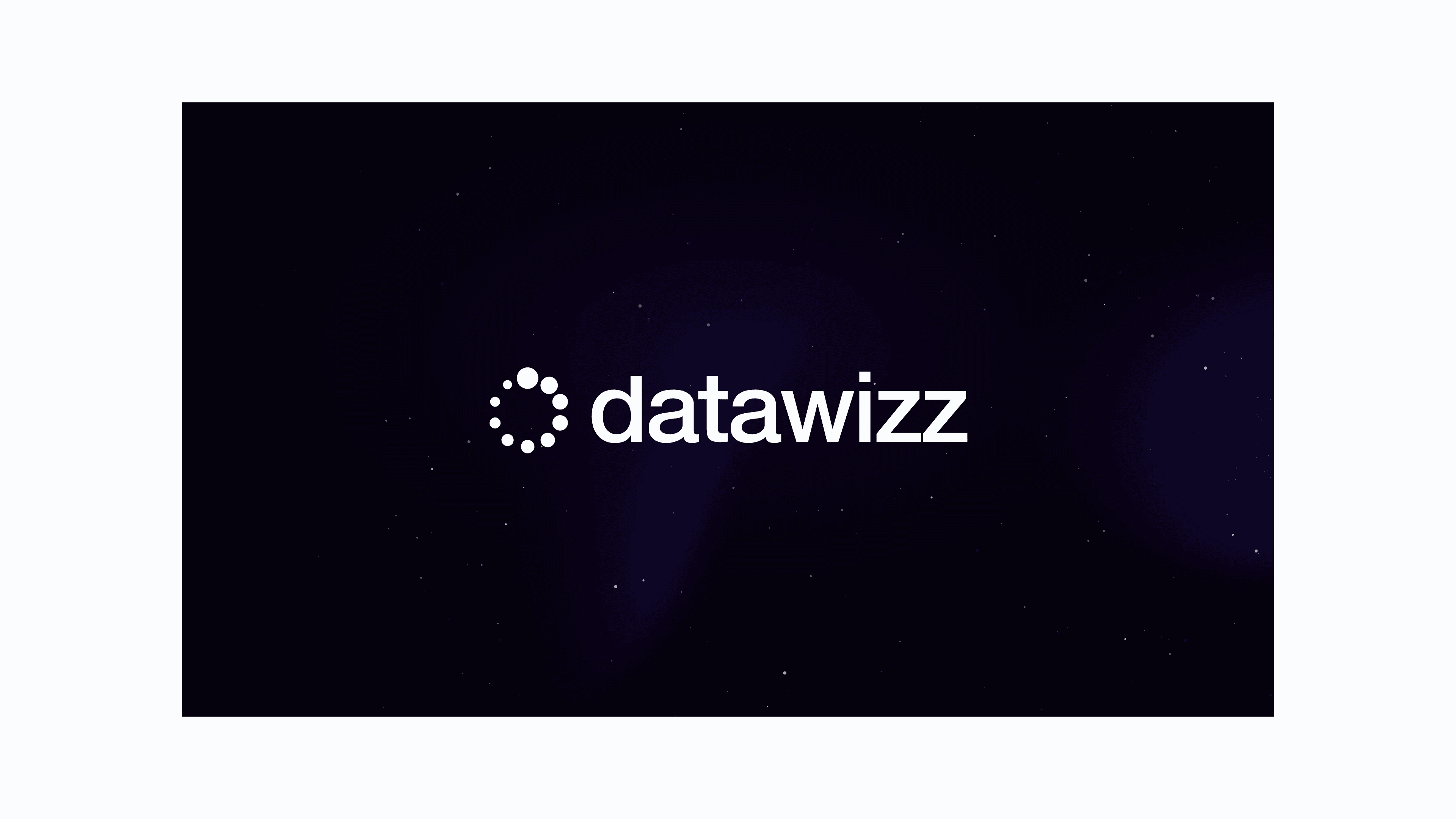 Brand direction: a ring of dots beside the datawizz wordmark, on a dark starry background