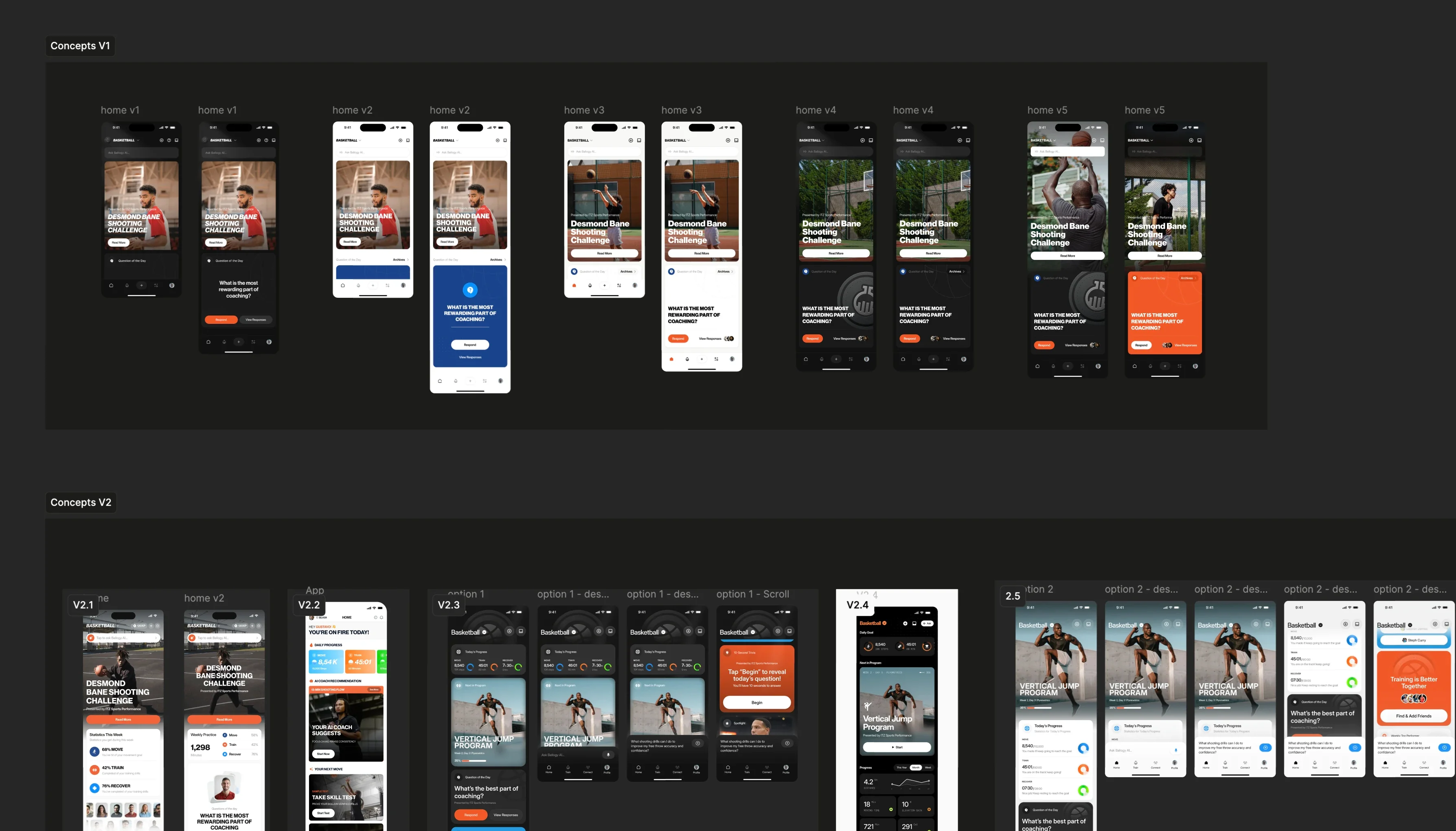 Ballogy home screen concepts: five versions in a first round, then a second round of variations
