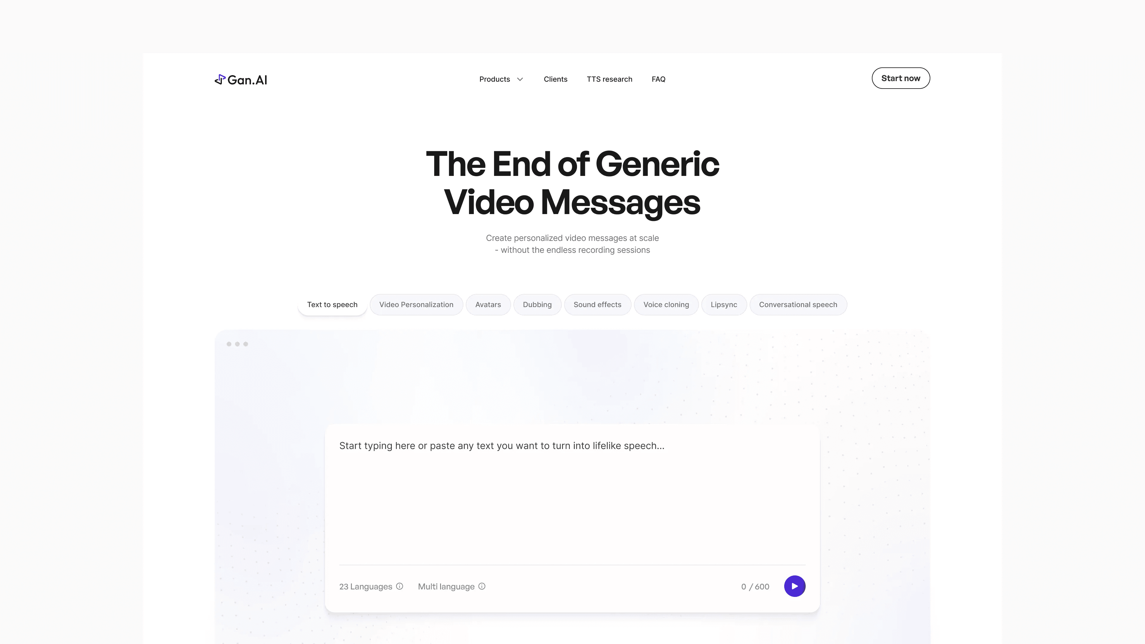 Website hero: The End of Generic Video Messages, with tool tabs from text to speech to lipsync above a text-to-speech box