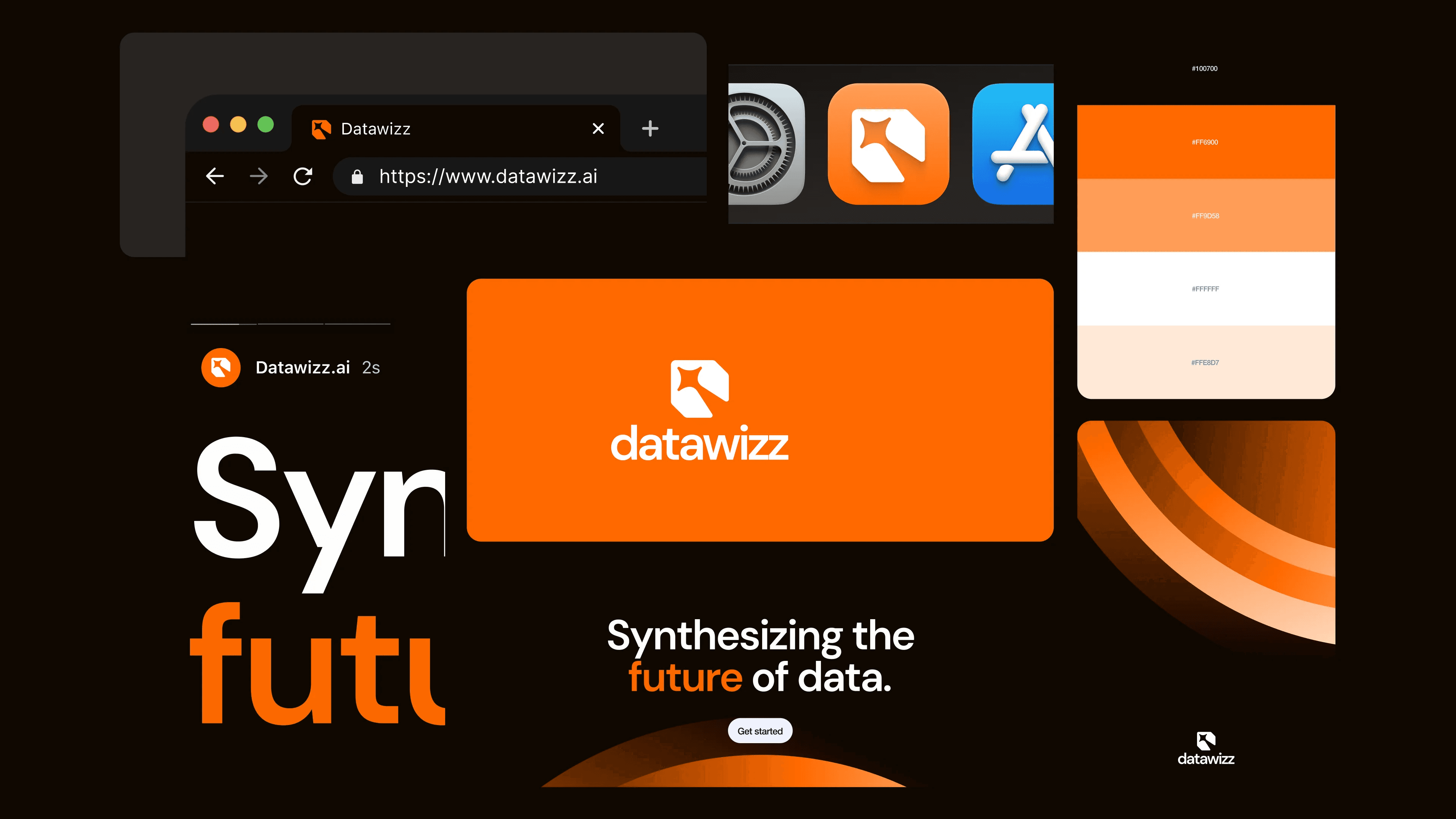 Brand direction in orange: a folded mark, Synthesizing the future of data, on a browser tab, an app icon and a social post