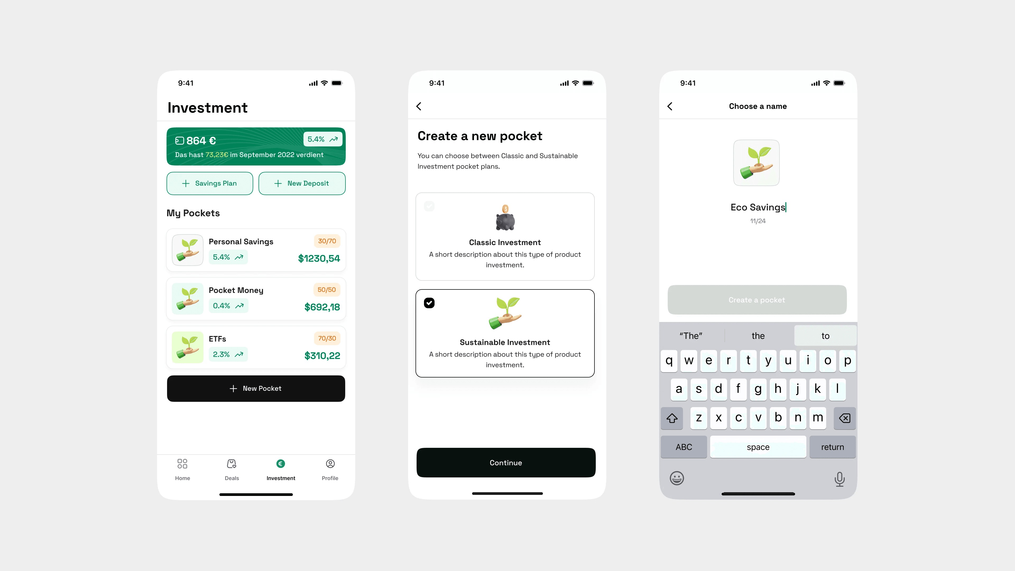Investing screens: My Pockets with returns, Create a new pocket with classic or sustainable investment, and naming a pocket