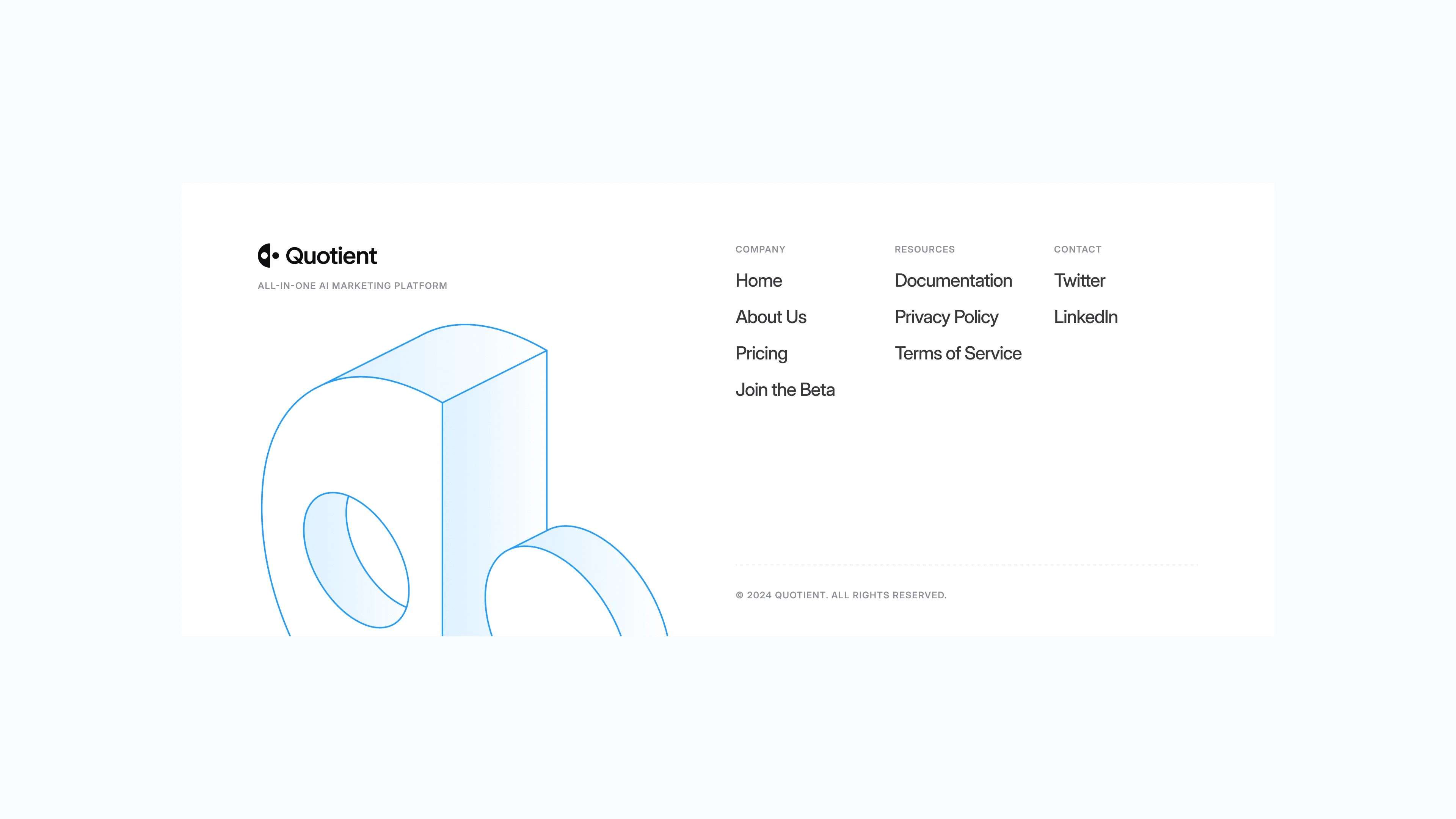 Website footer with the Quotient logo, page links and a 3D outline of the symbol