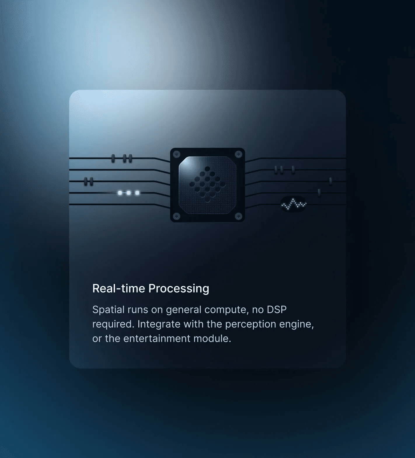 Feature card: Real-time Processing, a chip with signal lines on a blue glow