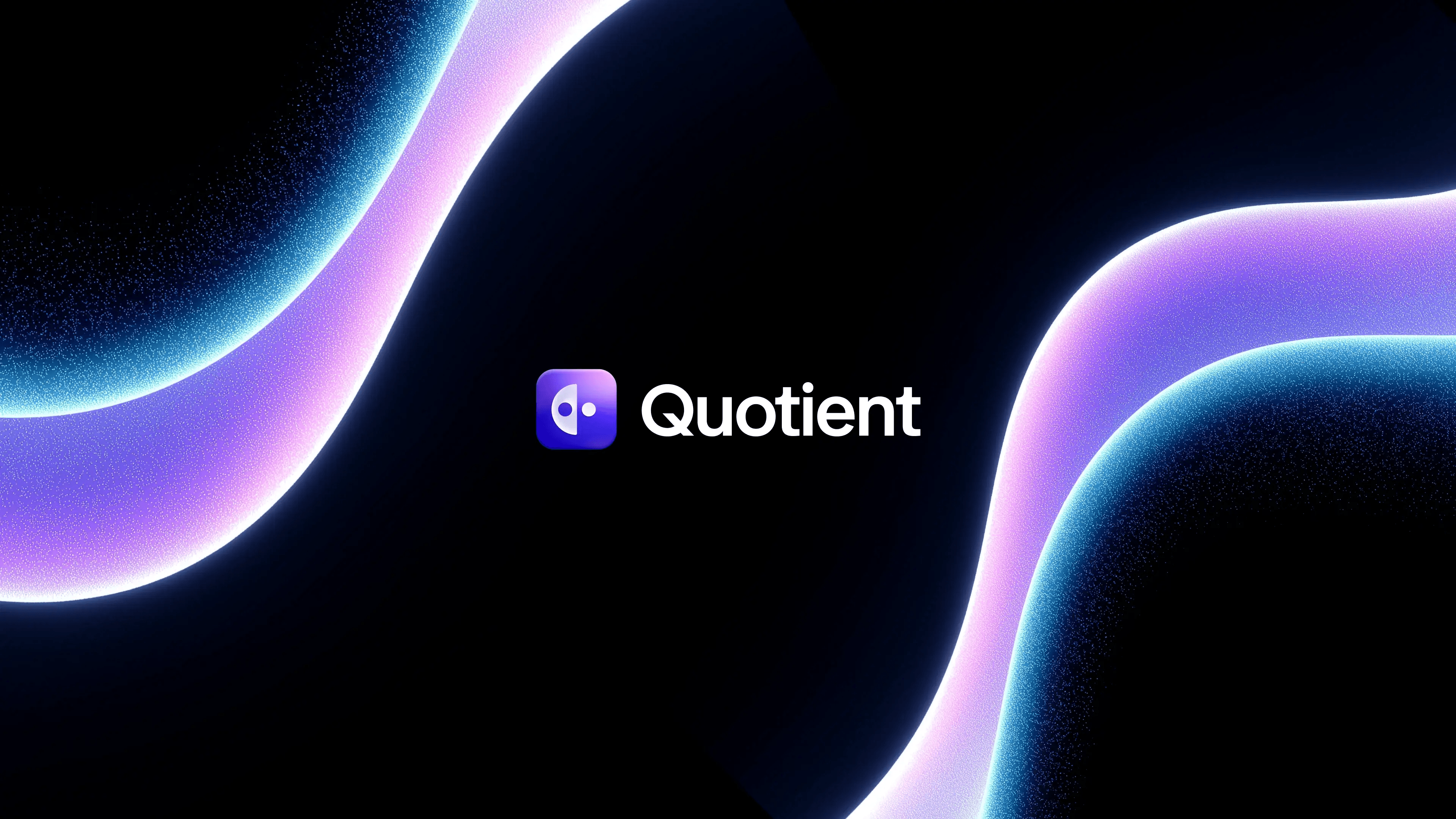 The Quotient app icon and wordmark on black between flowing violet and blue gradient waves