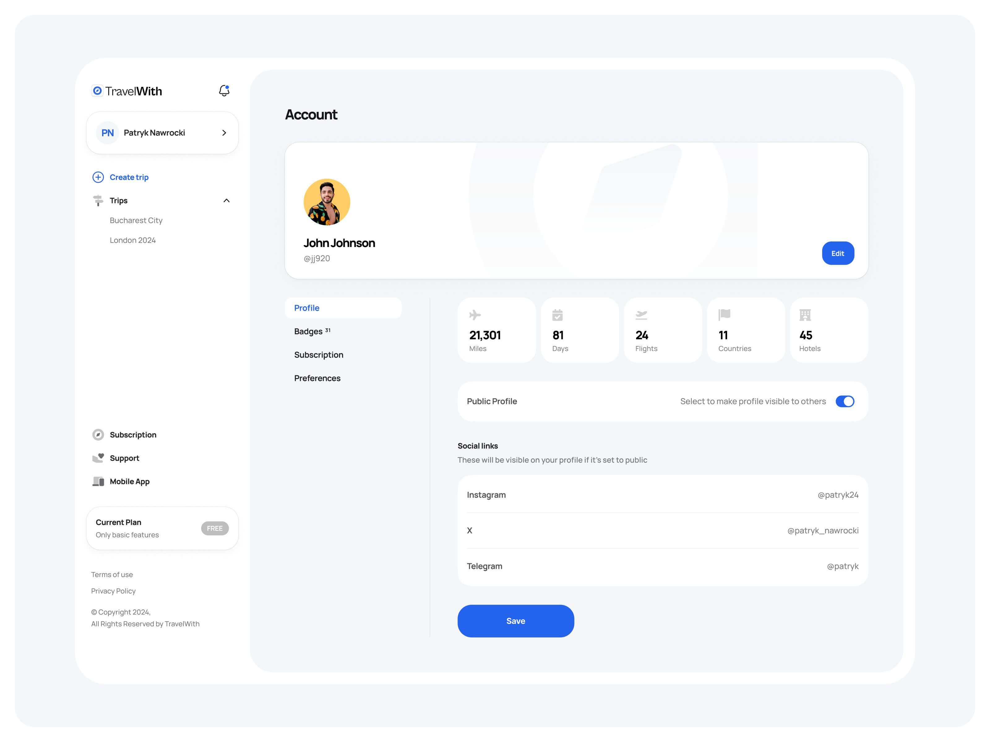 Web app account page: profile, travel stats, a public profile switch and social links, with trips in the sidebar