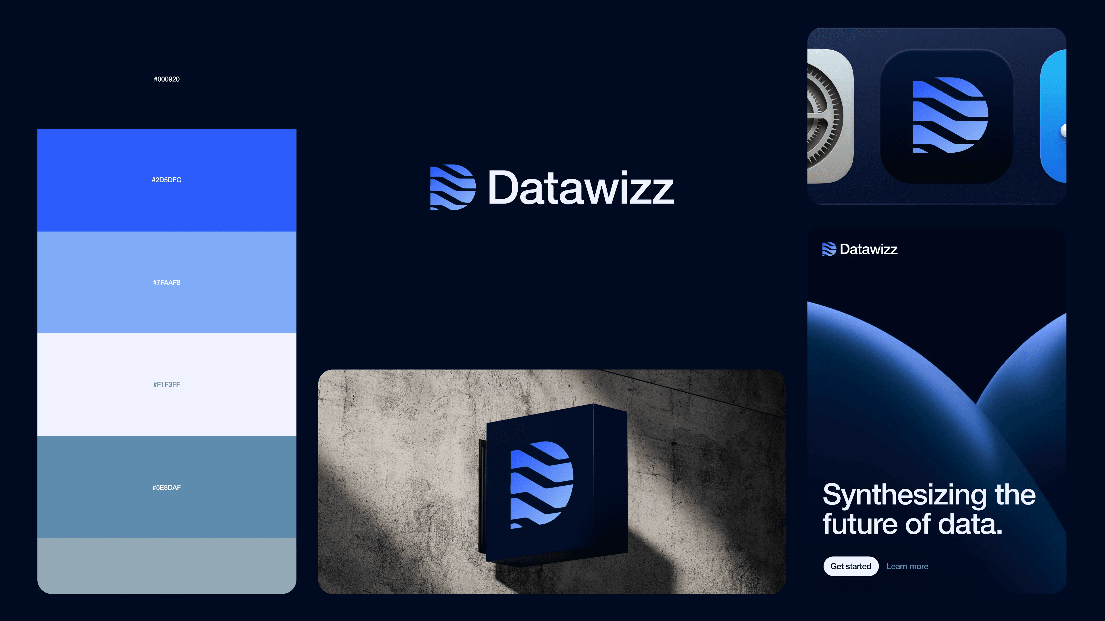 Brand direction in blue: a wave symbol on a sign, an app icon and a poster, with its colour palette
