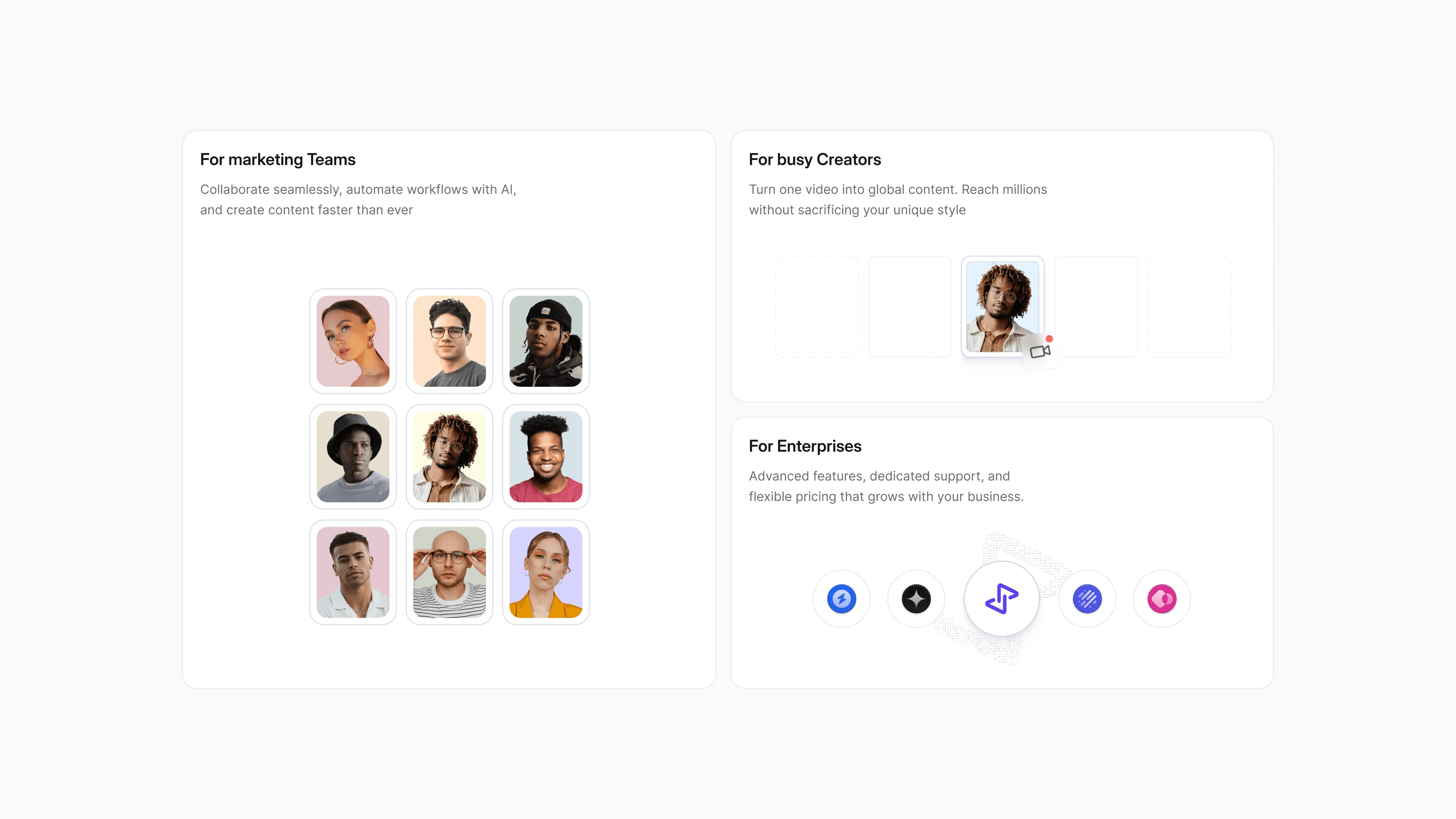 Audience cards: For marketing teams, For busy creators and For enterprises