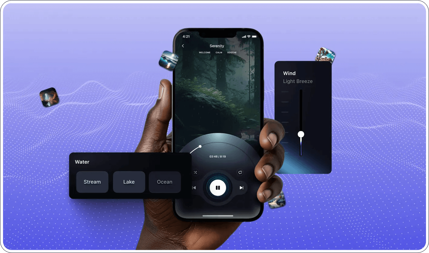 A hand holding a phone with the Spatial sound app, Serenity scenes and Water and Wind controls, on a violet wave