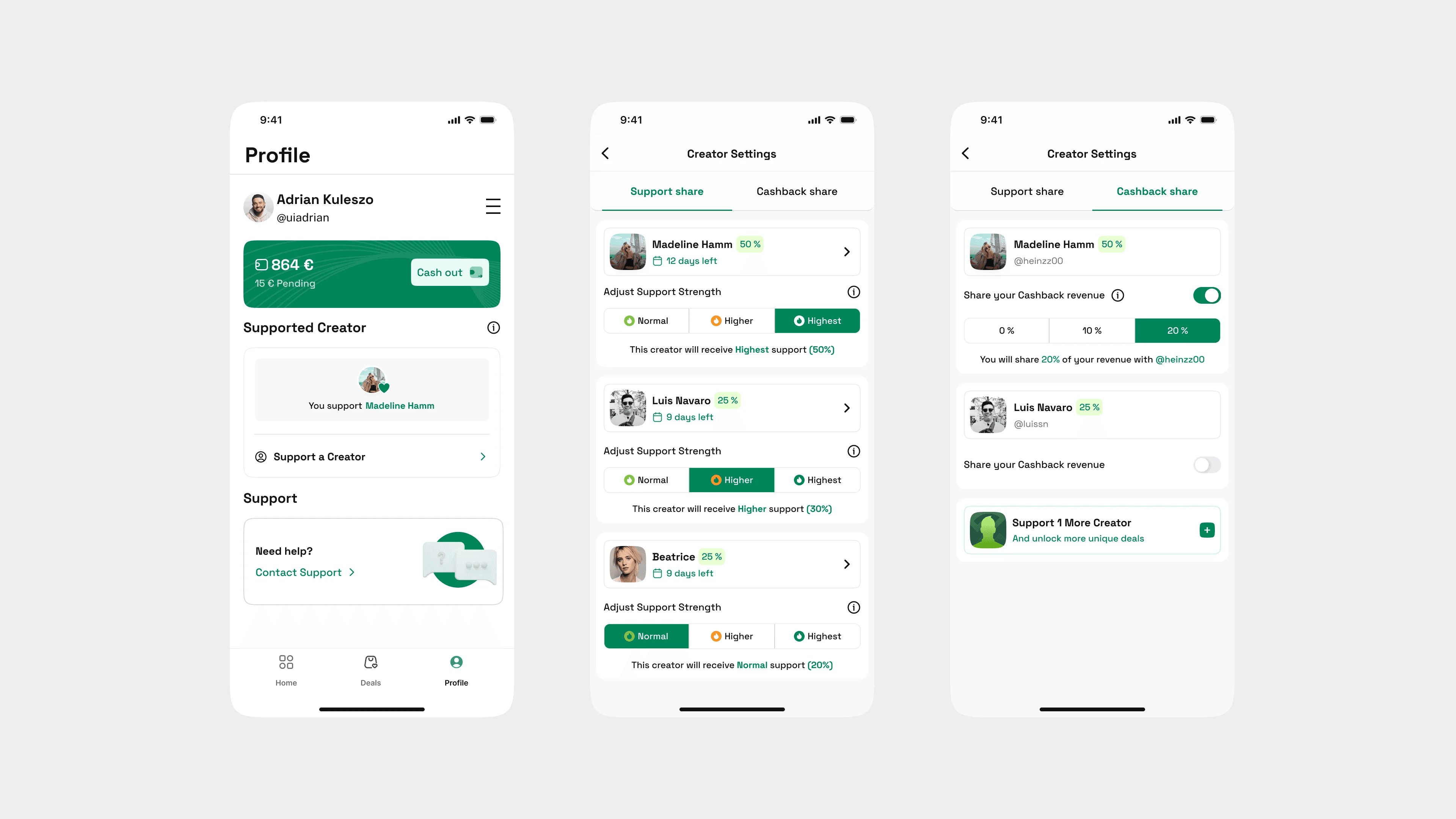 Mobile profile and creator settings: the creators you support and how much of your cashback each one gets
