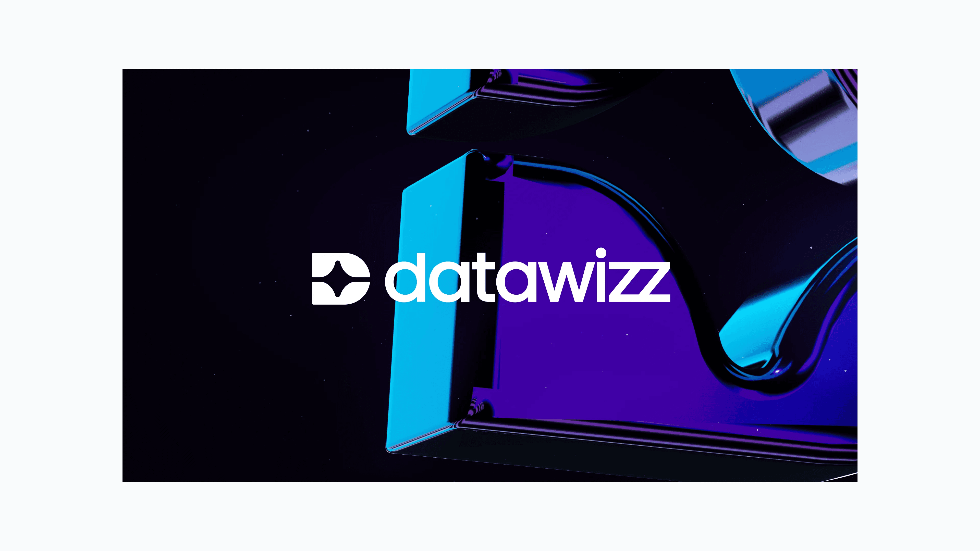 Brand direction: the D mark and wordmark over glossy 3D shapes in blue and violet