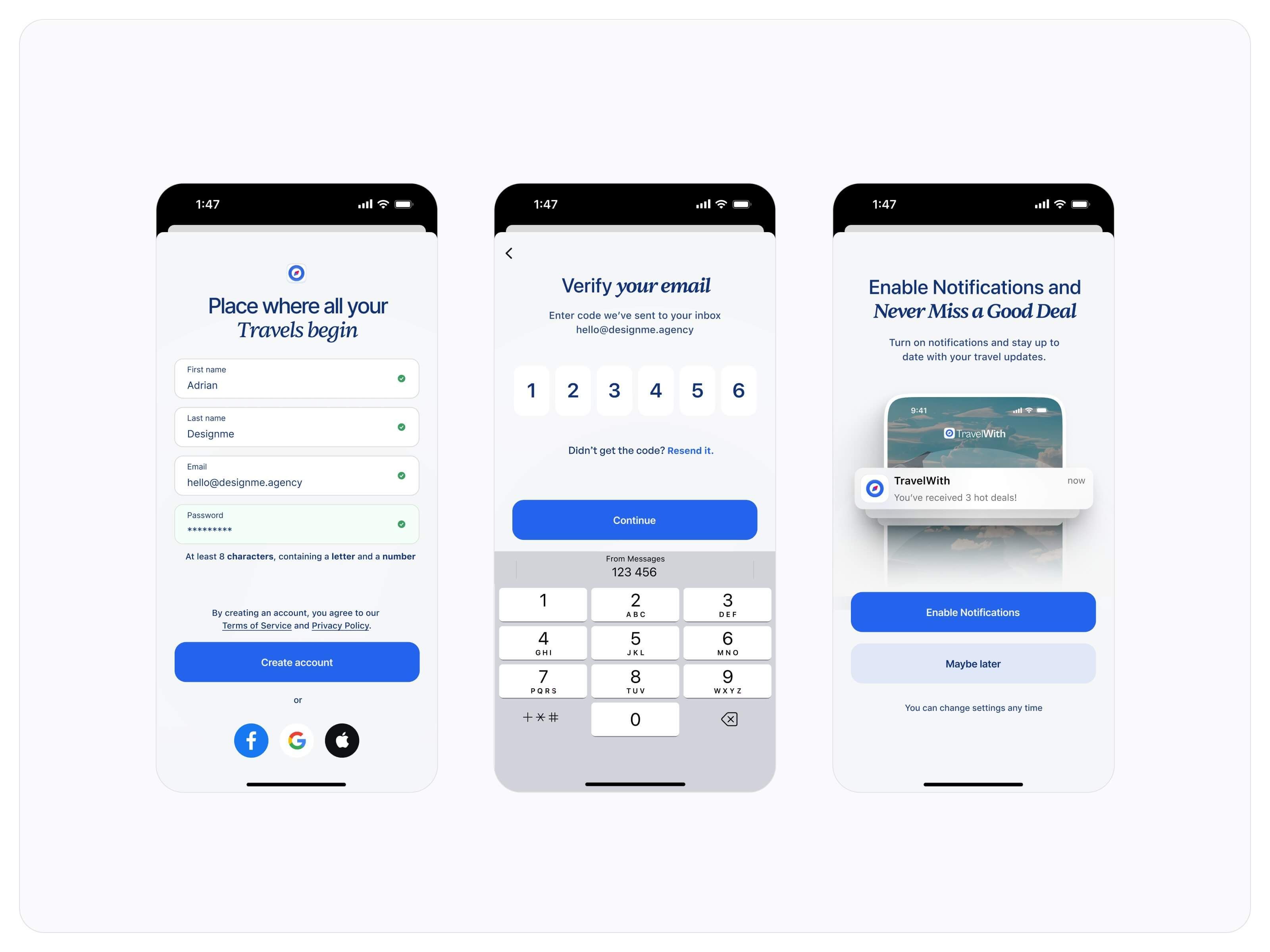 Sign-up flow: Place where all your Travels begin, Verify your email with a code, and Enable Notifications