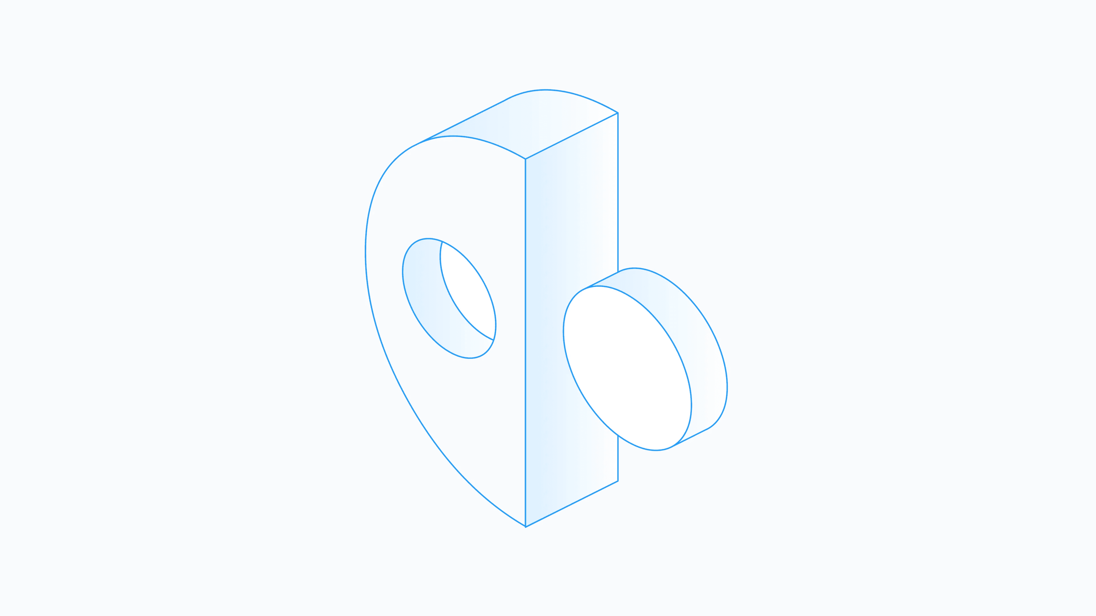 A 3D line drawing of the Quotient symbol in light blue