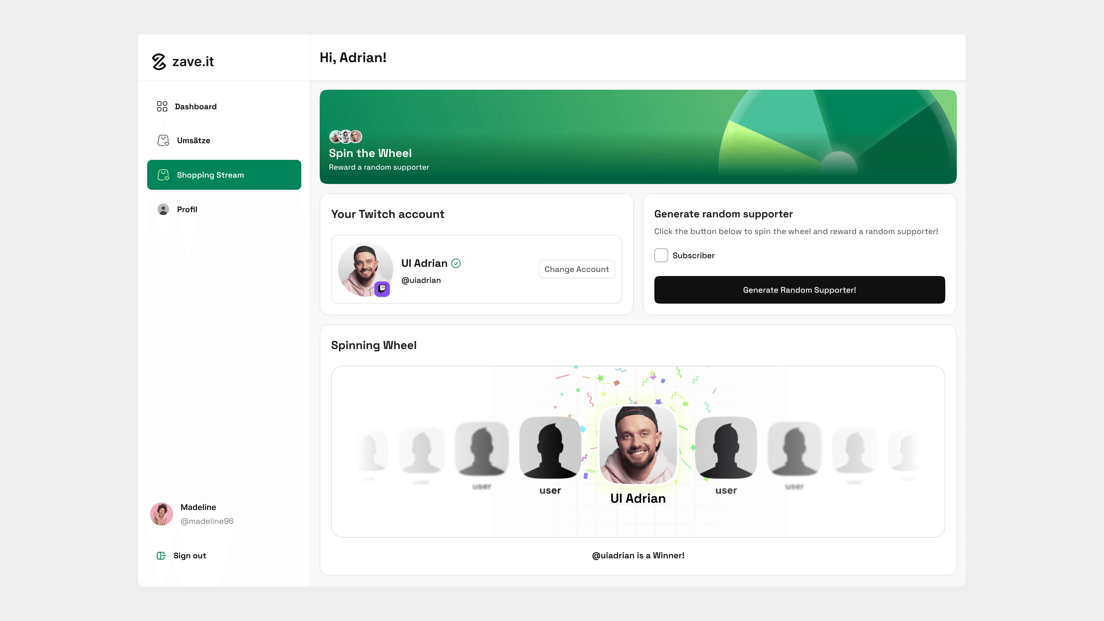Creator dashboard: Spin the Wheel, picking a random supporter from a Twitch account