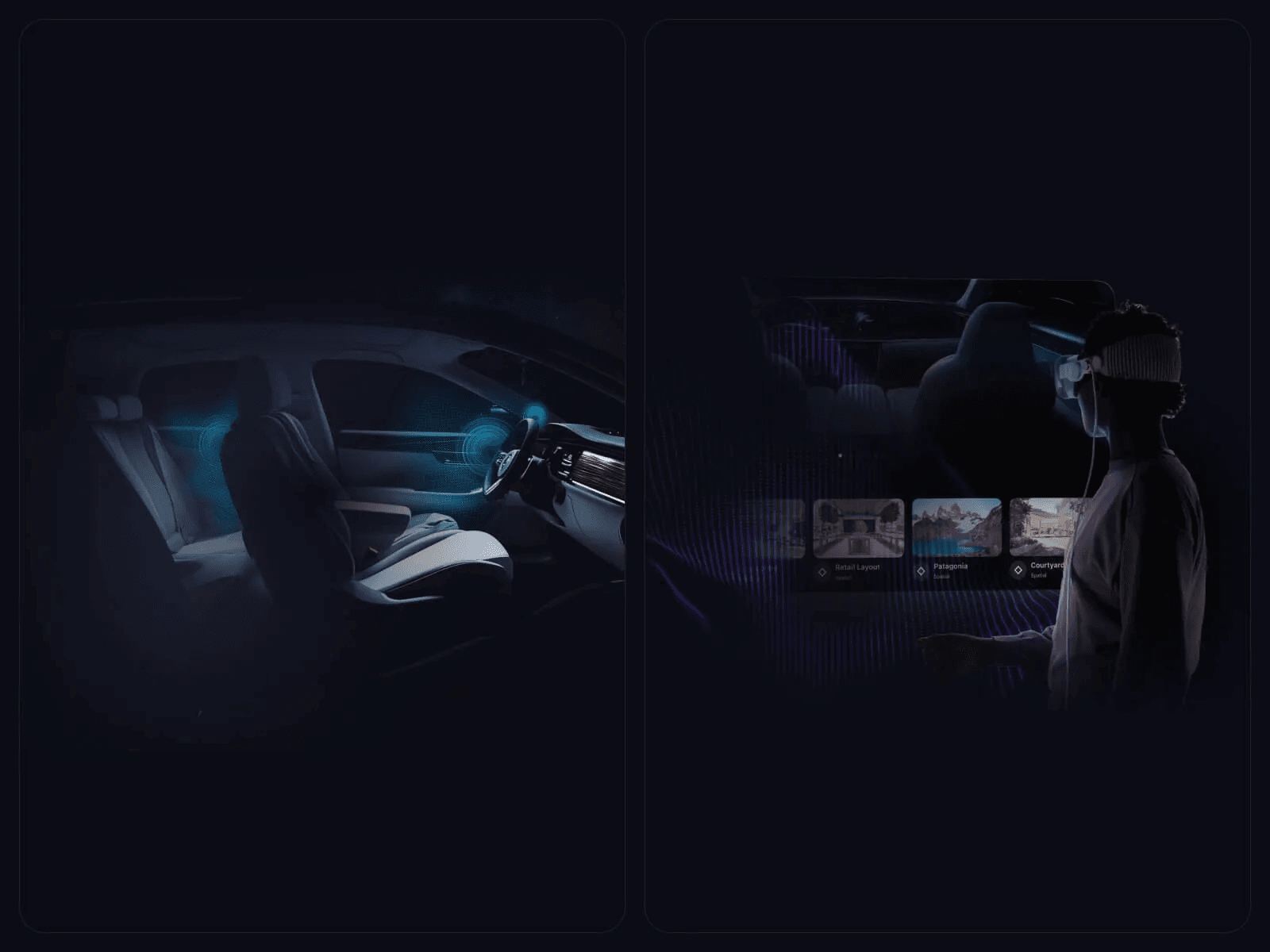Two dark renders: a car interior with glowing speakers, and a person in Apple Vision Pro browsing 3D scenes
