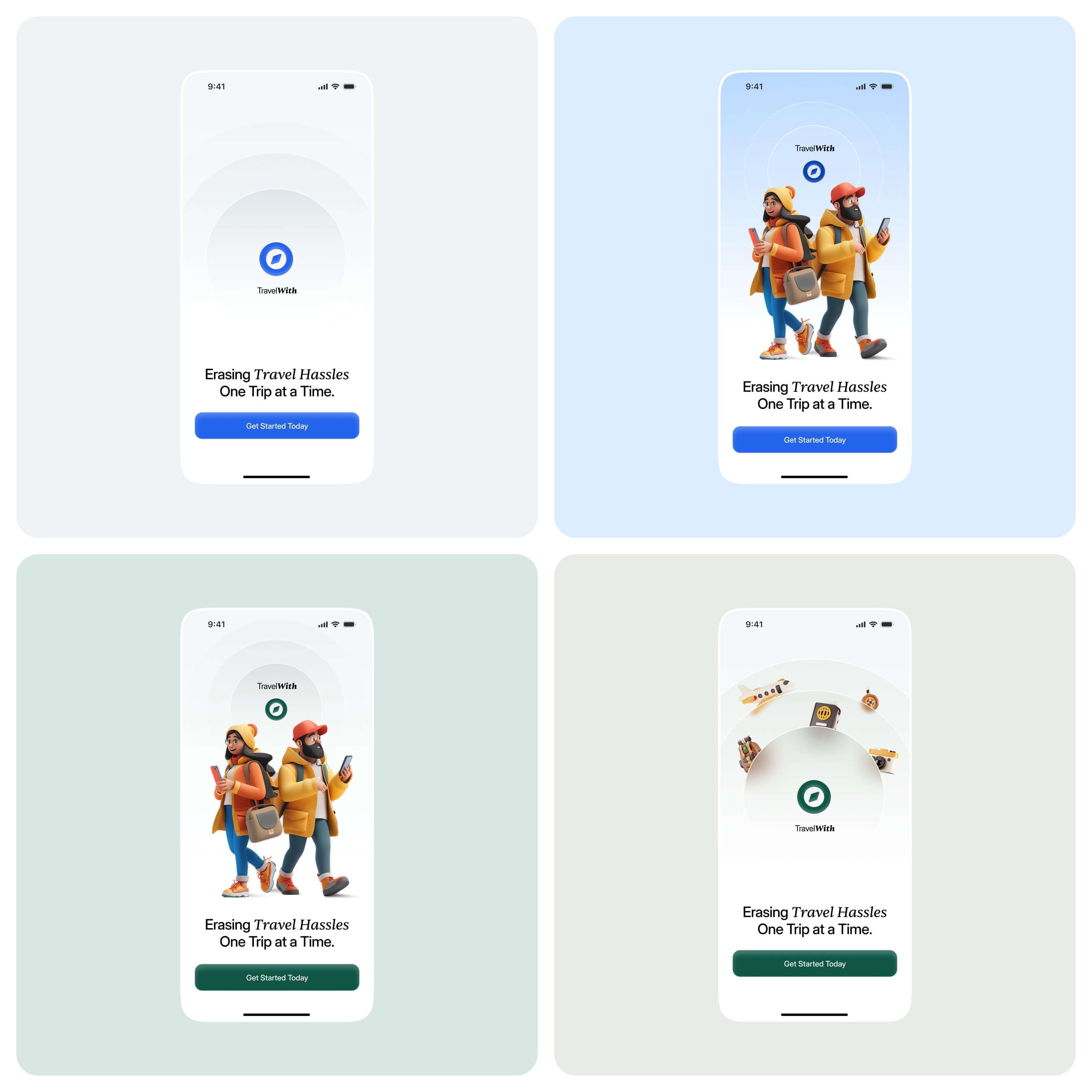 Four versions of the welcome screen, Erasing Travel Hassles One Trip at a Time: the compass on white, 3D travellers on blue and on green, and travel objects around the compass