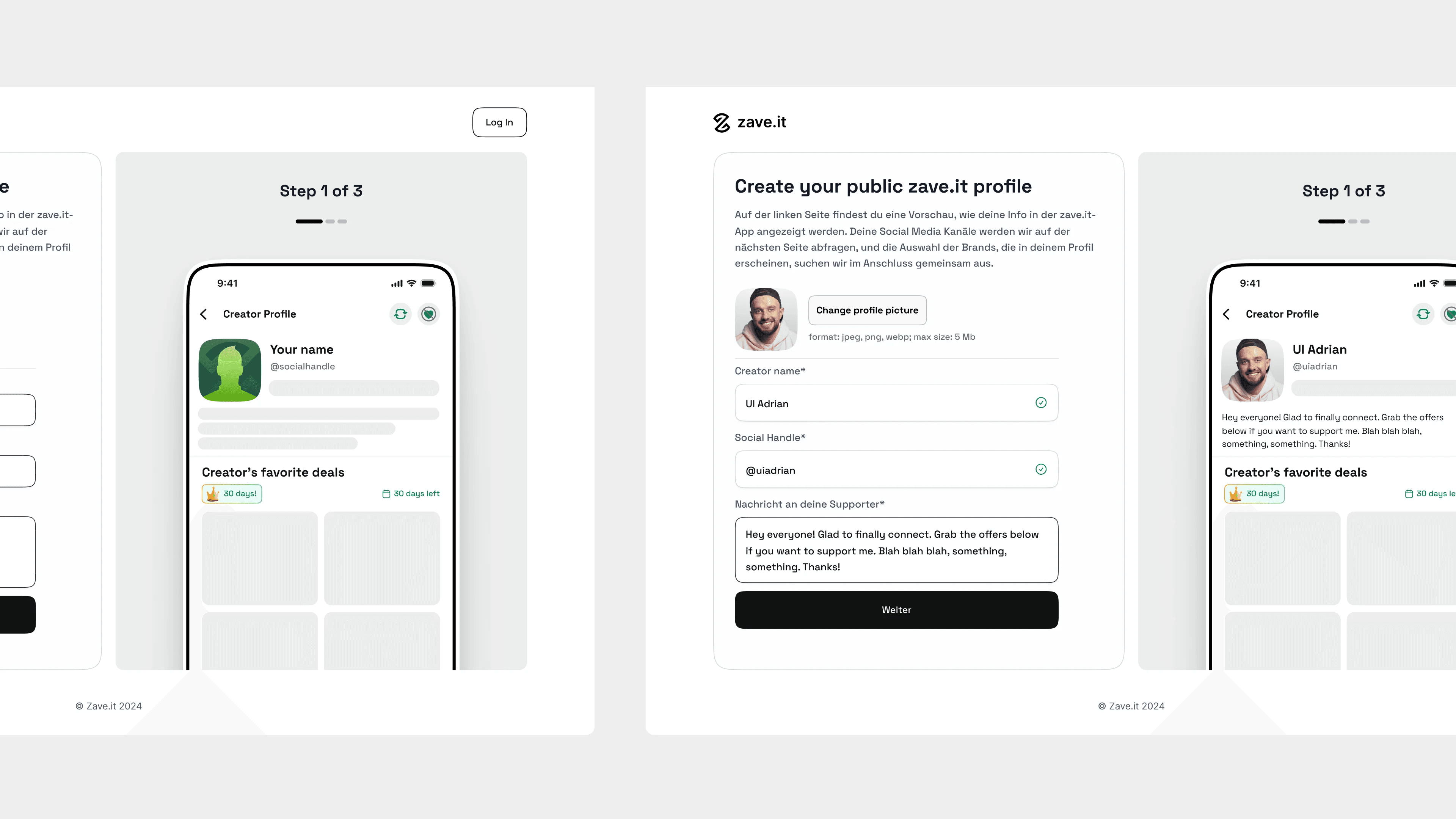 Create your public zave.it profile: step 1 of 3, with a live phone preview of the creator profile