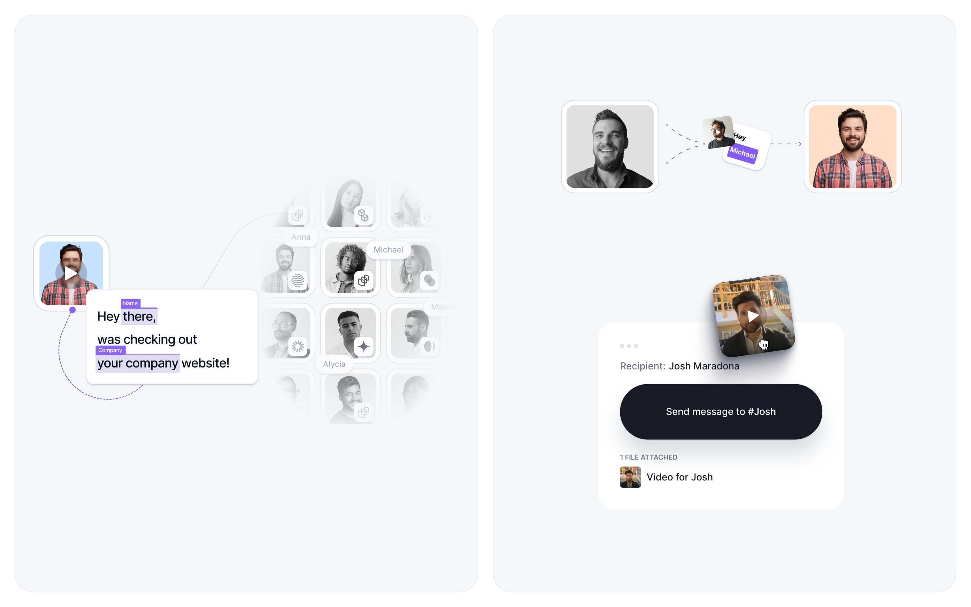 Two illustrations: one video turned into a version for every viewer, and a video sent to Josh as a message