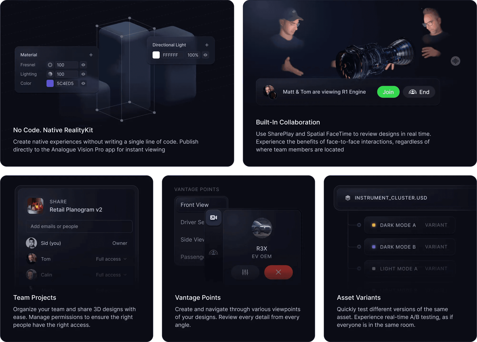 Analogue feature cards: no-code RealityKit, built-in collaboration, team projects, vantage points and asset variants