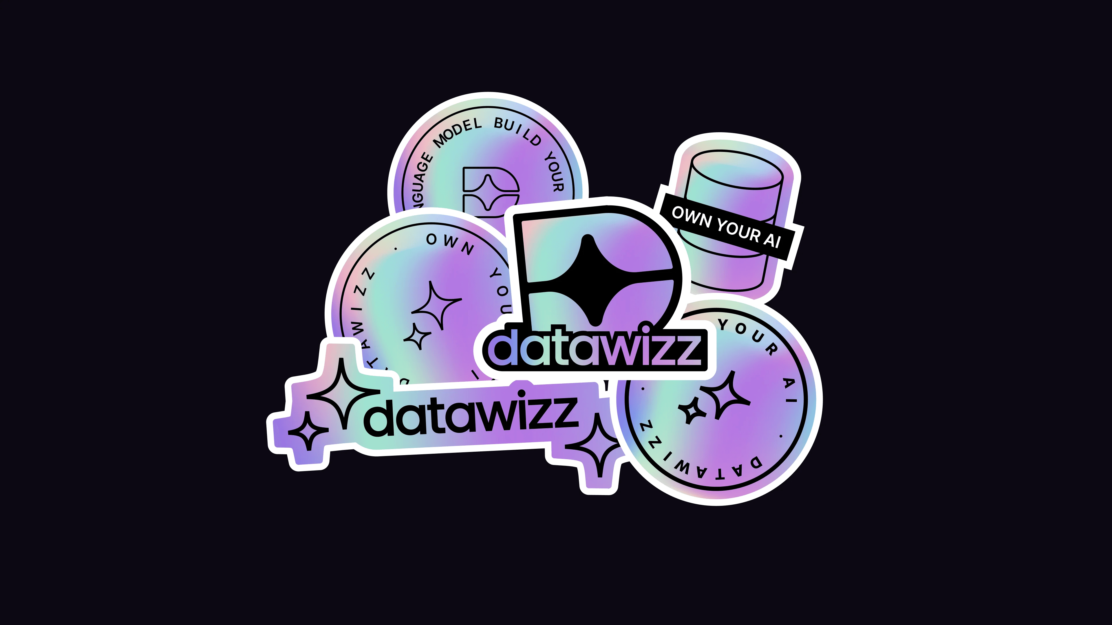 Holographic stickers: the D mark, the datawizz wordmark, Own your AI and Build your language model
