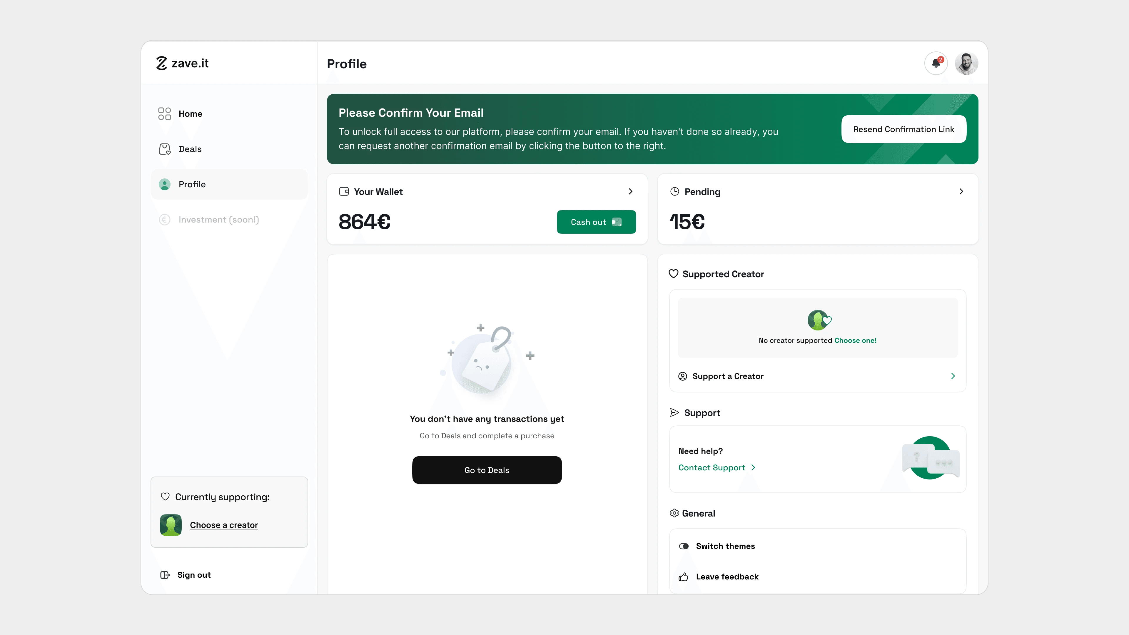 Web app profile: wallet balance with Cash out, pending cashback, the supported creator and support