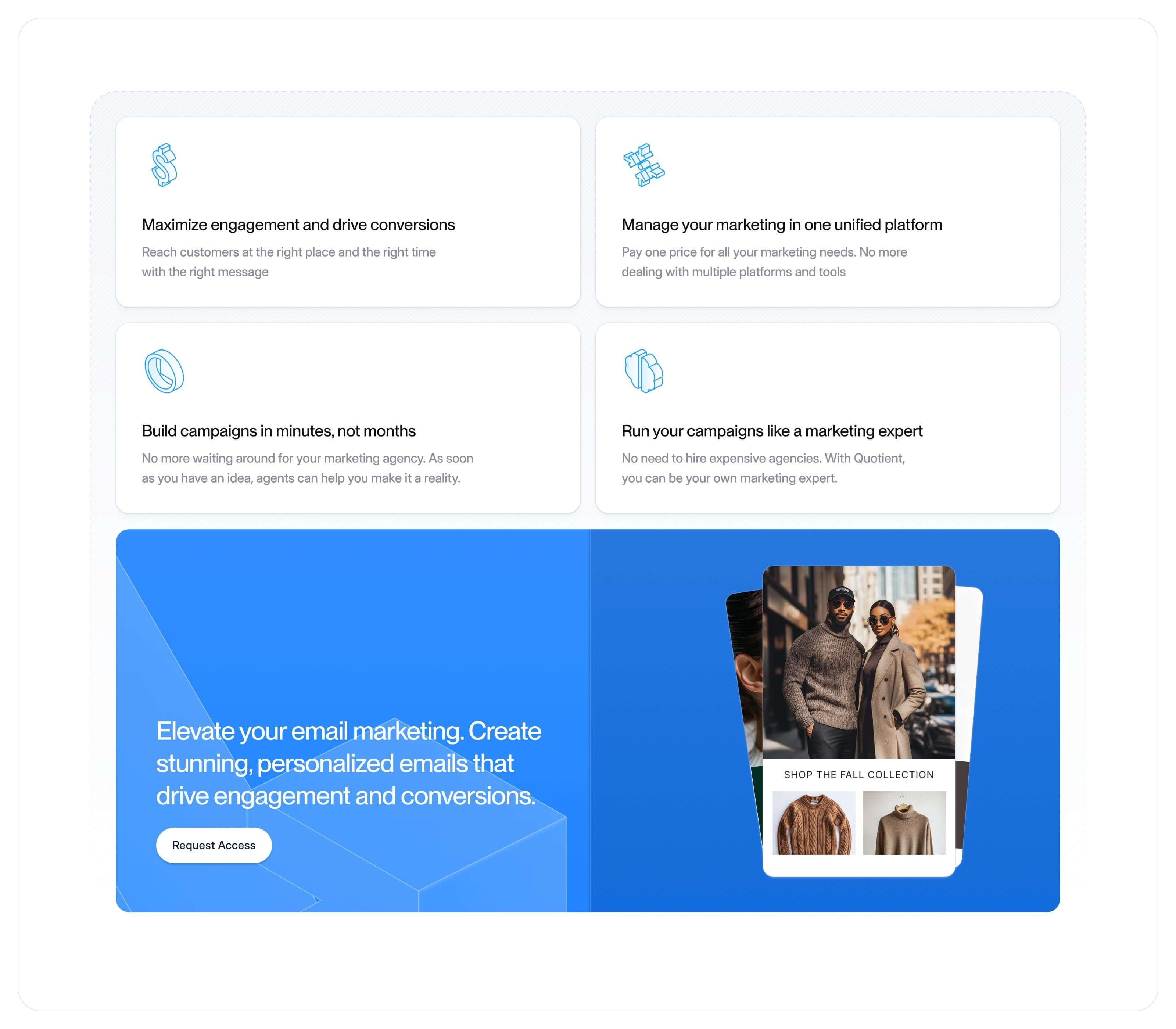 Four line-icon benefit cards above a blue banner: Elevate your email marketing, with a fashion email on a phone