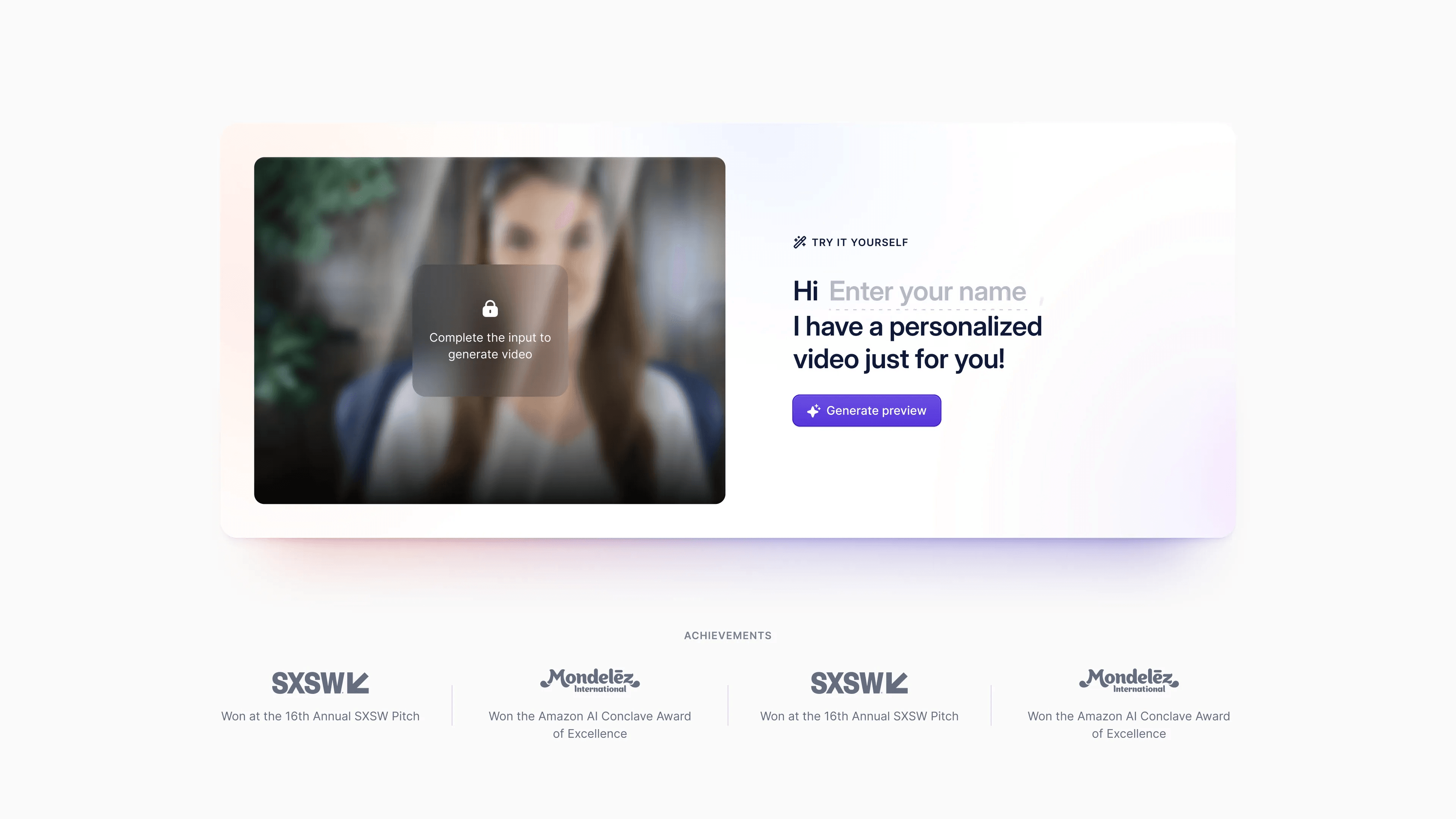 Try it yourself: type a name to generate a personalised video preview, above SXSW and Mondelez award logos