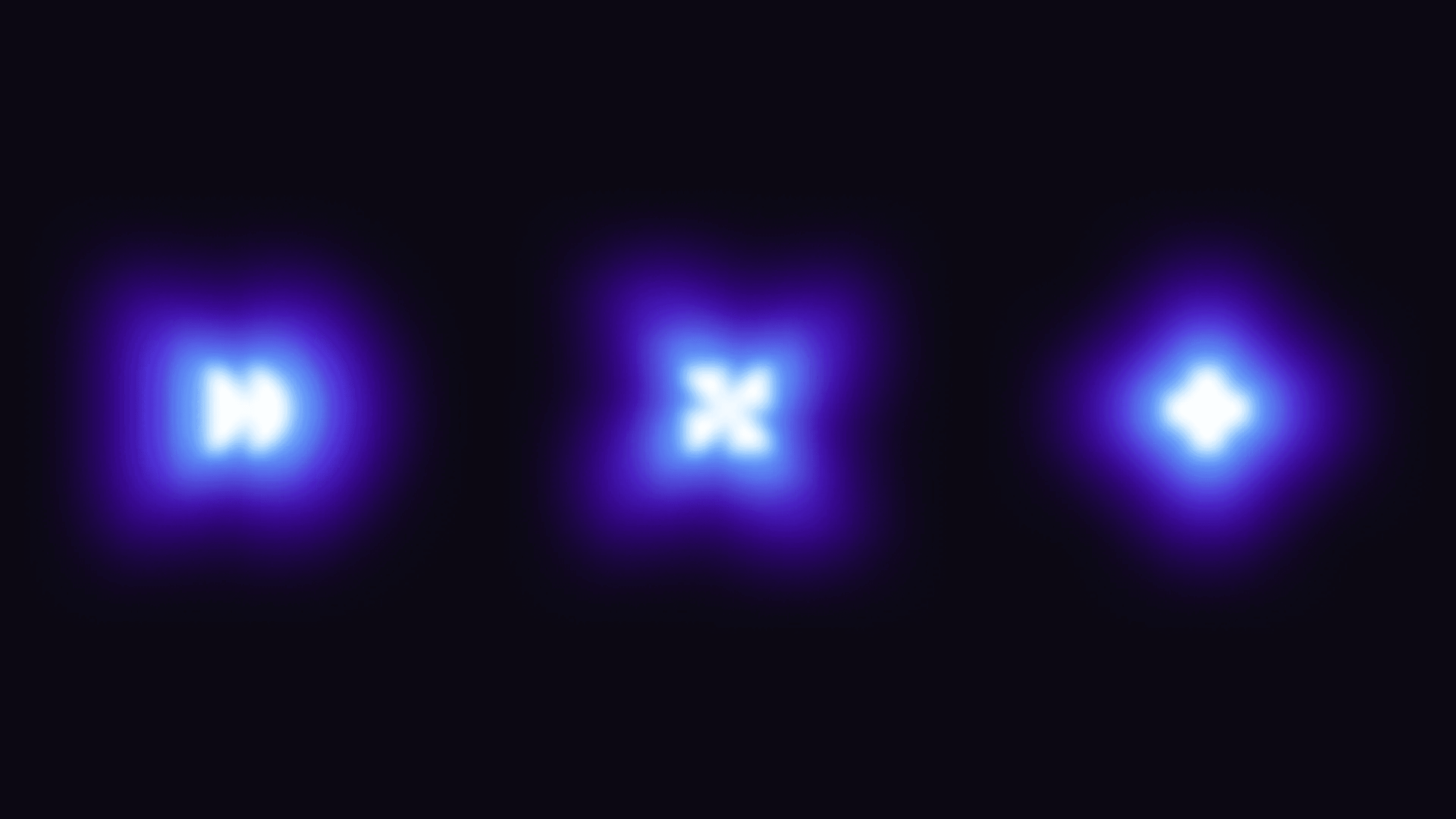 Three glowing product icons in blue and violet on black