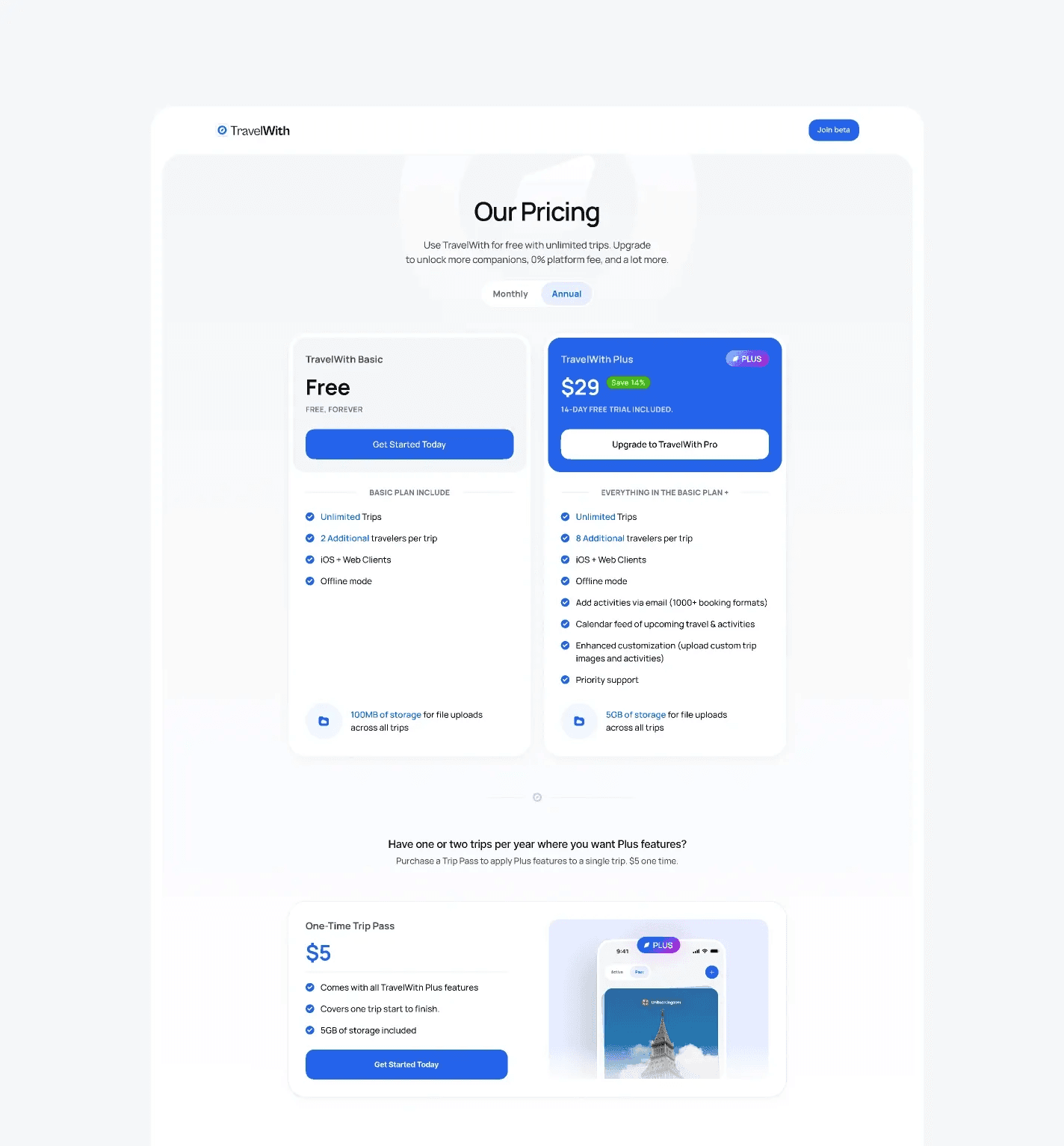 Pricing page: TravelWith Basic and Plus plans, and a one-time trip pass
