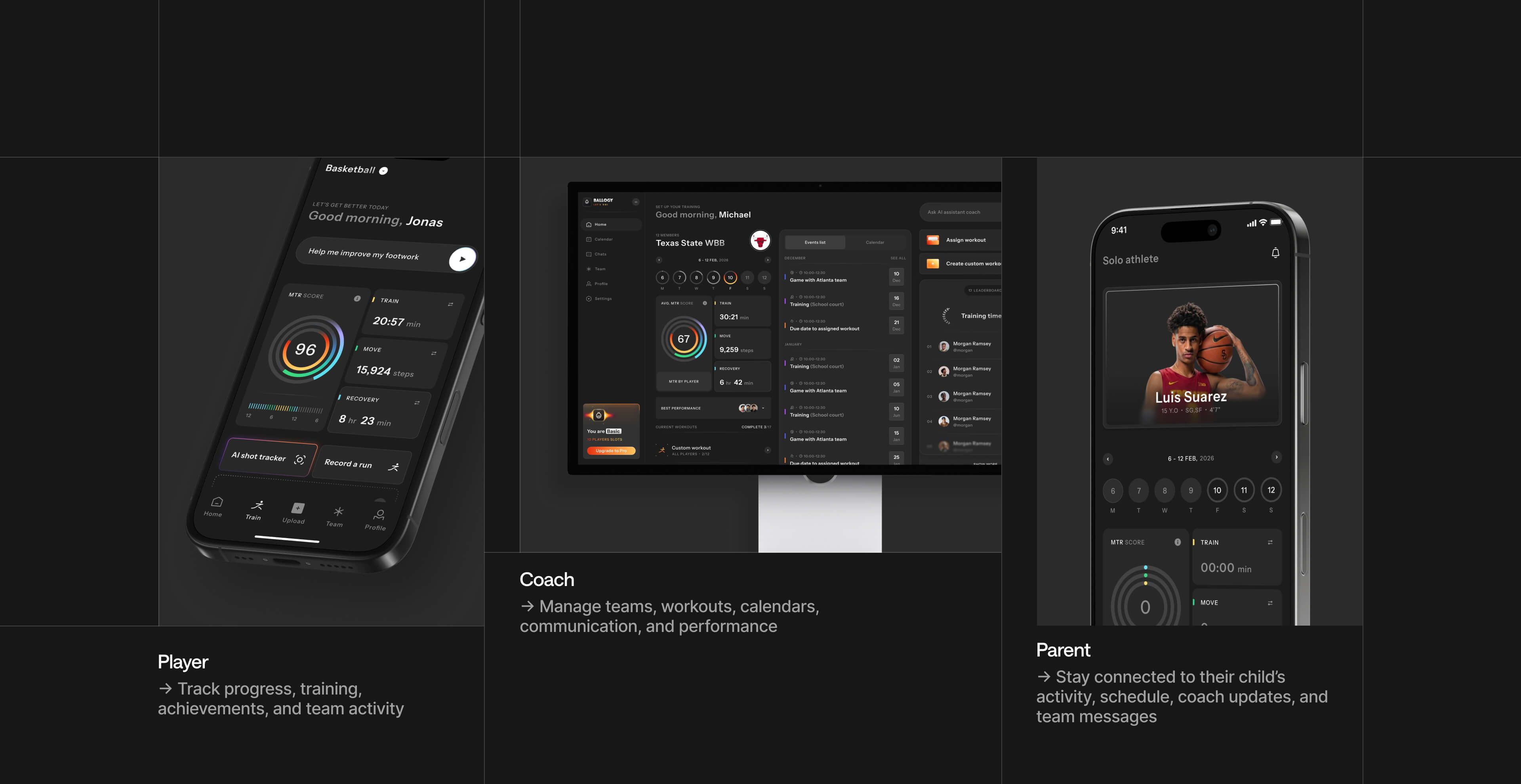 The redesigned Ballogy app for players on a phone, the coach dashboard on a desktop and the parent view on a phone