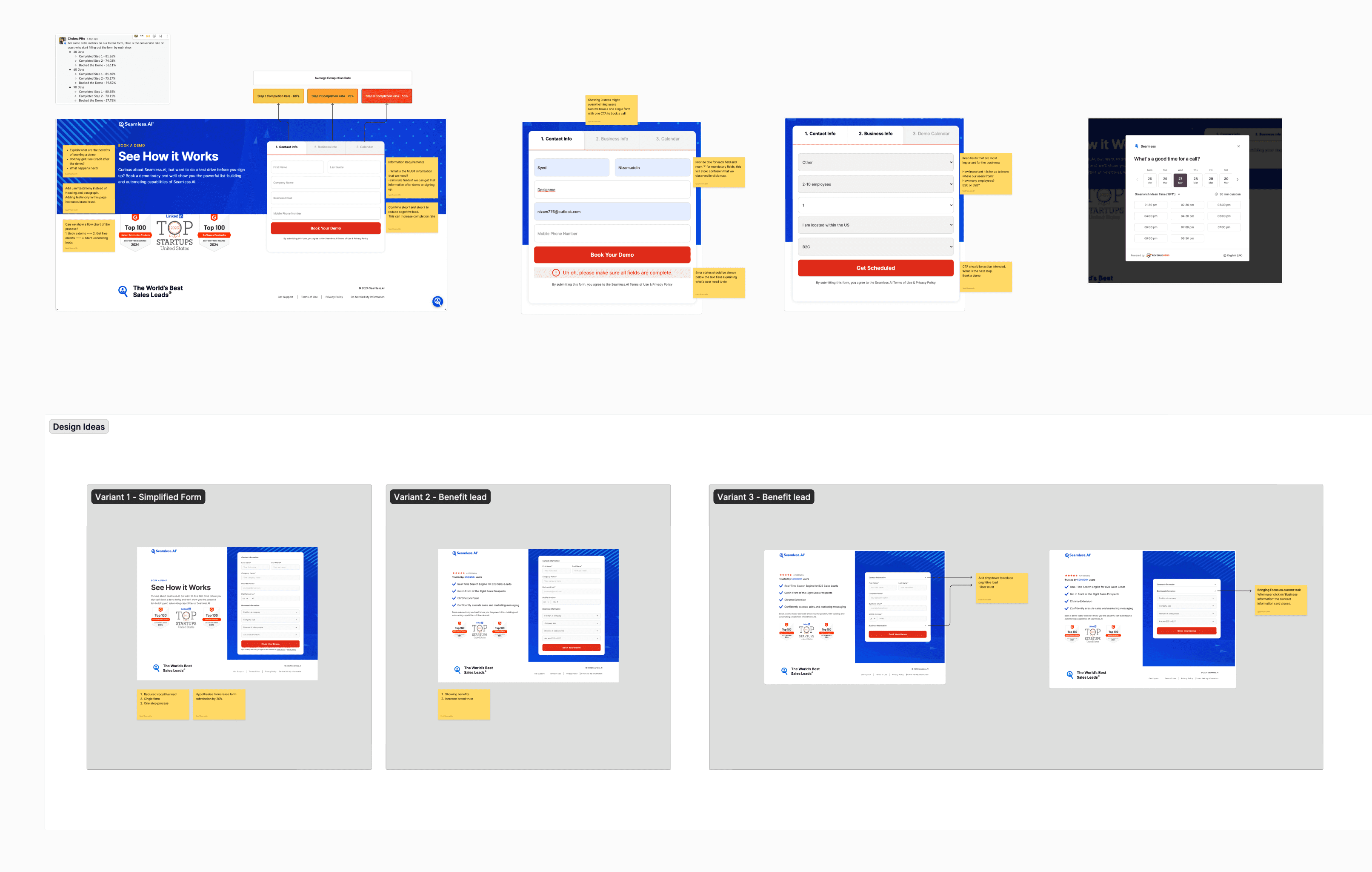 The Seamless.AI demo booking form audited step by step, then three redesign variants: a simplified form and two benefit-led layouts