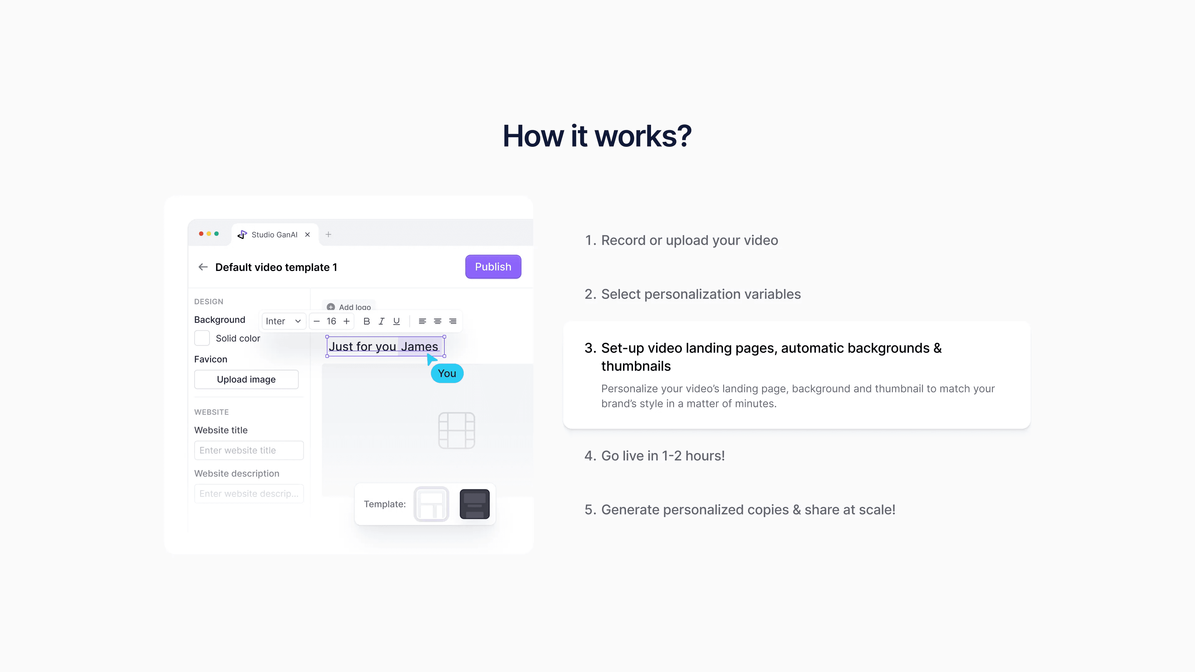 How it works: five steps next to the video template editor, from recording a video to sharing personalised copies