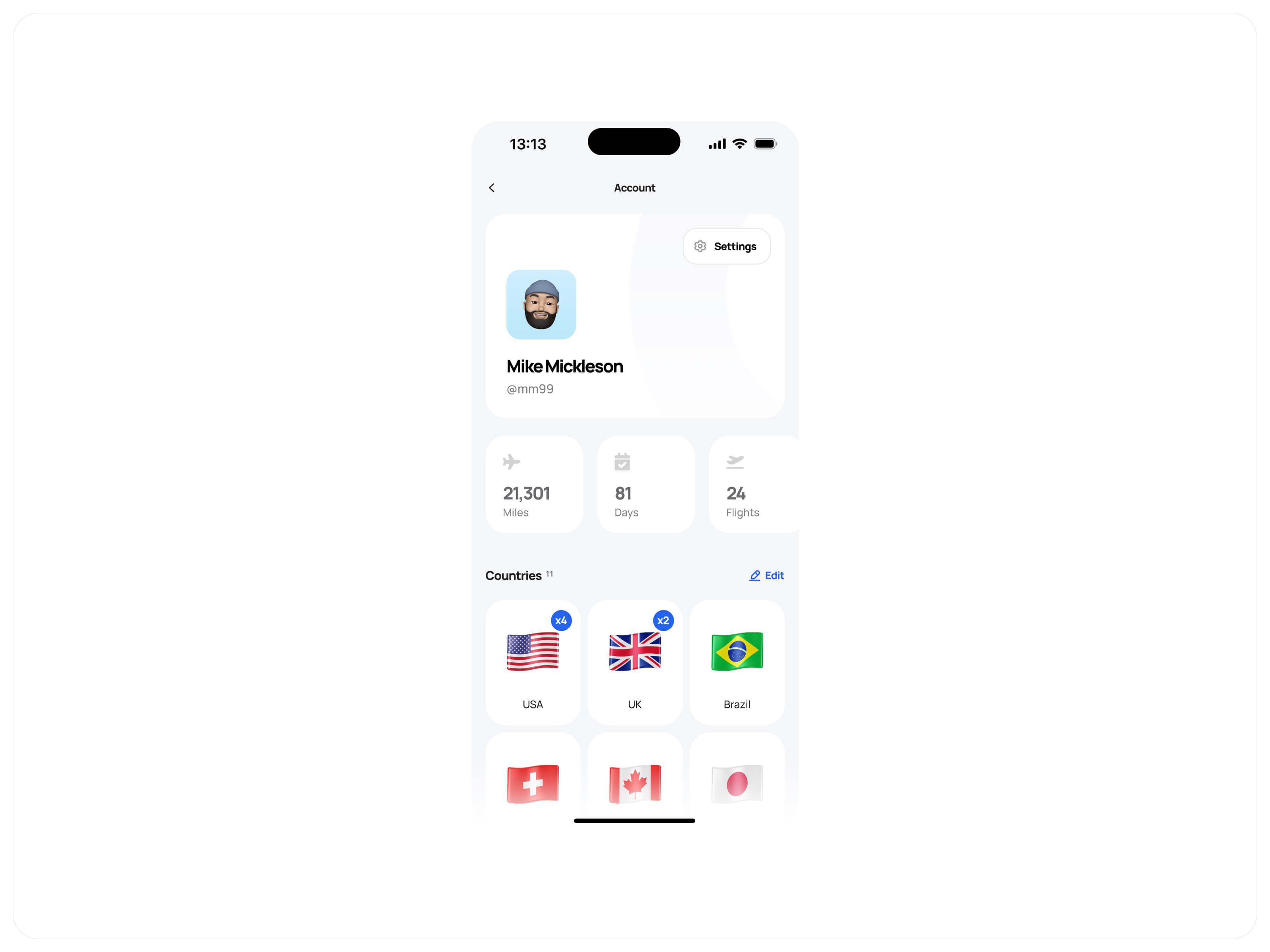 Mobile account screen with travel stats and the countries visited, shown as flags