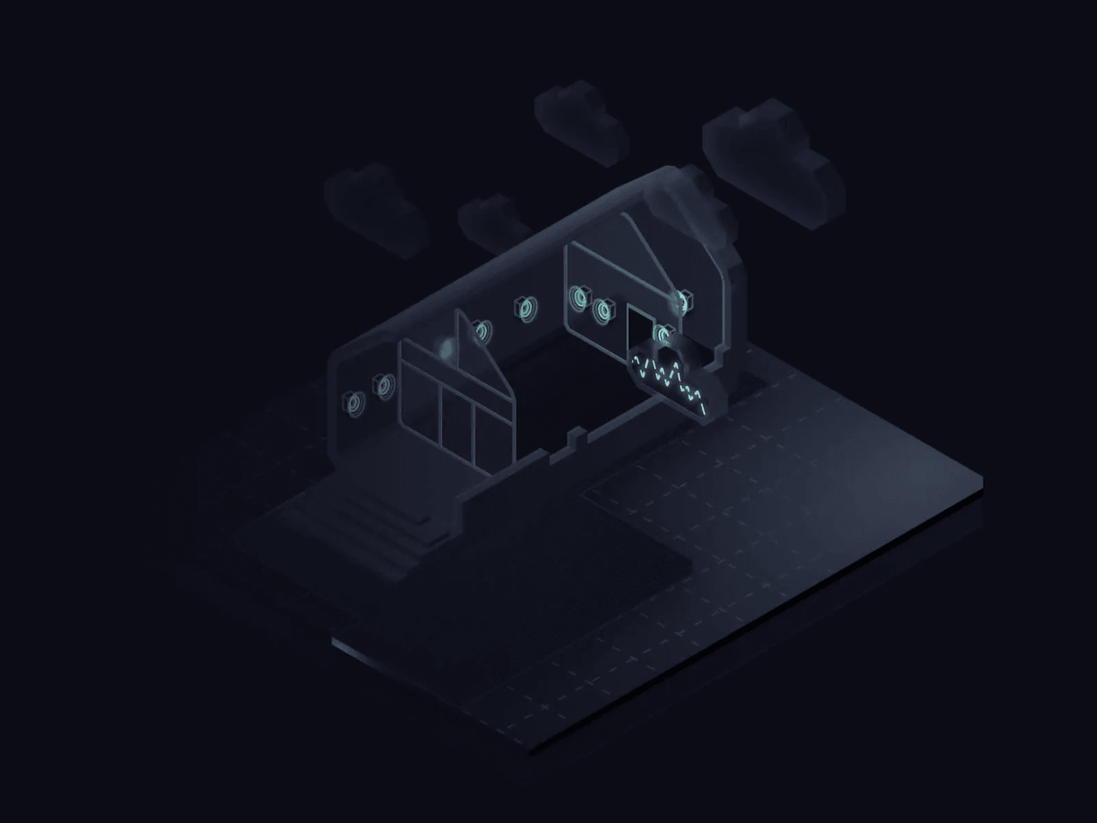 Isometric render of a venue with speakers placed along its walls