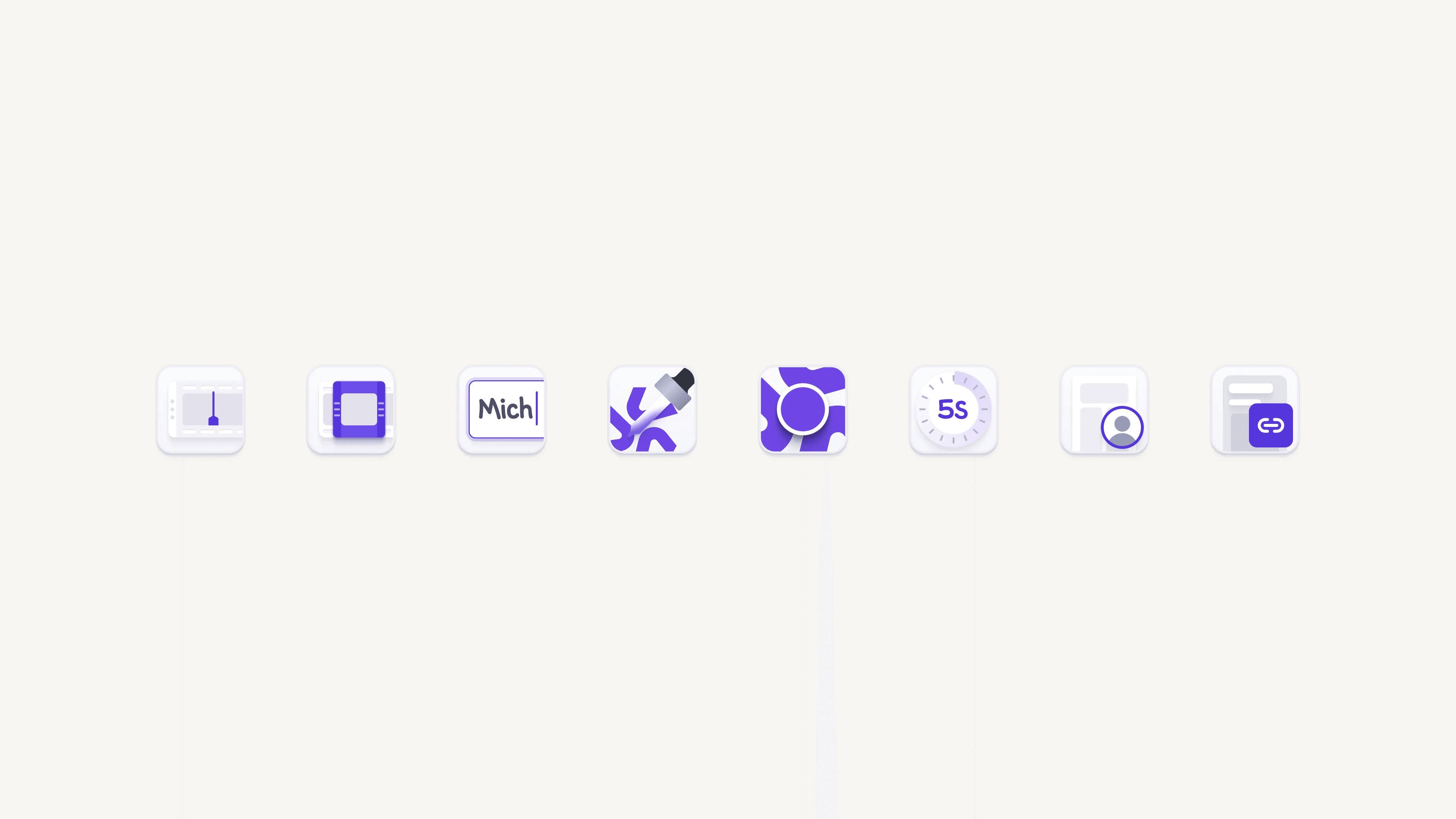 Eight product icons as small tiles in violet and white: text, video, name, voice, avatar, timer, profile and link