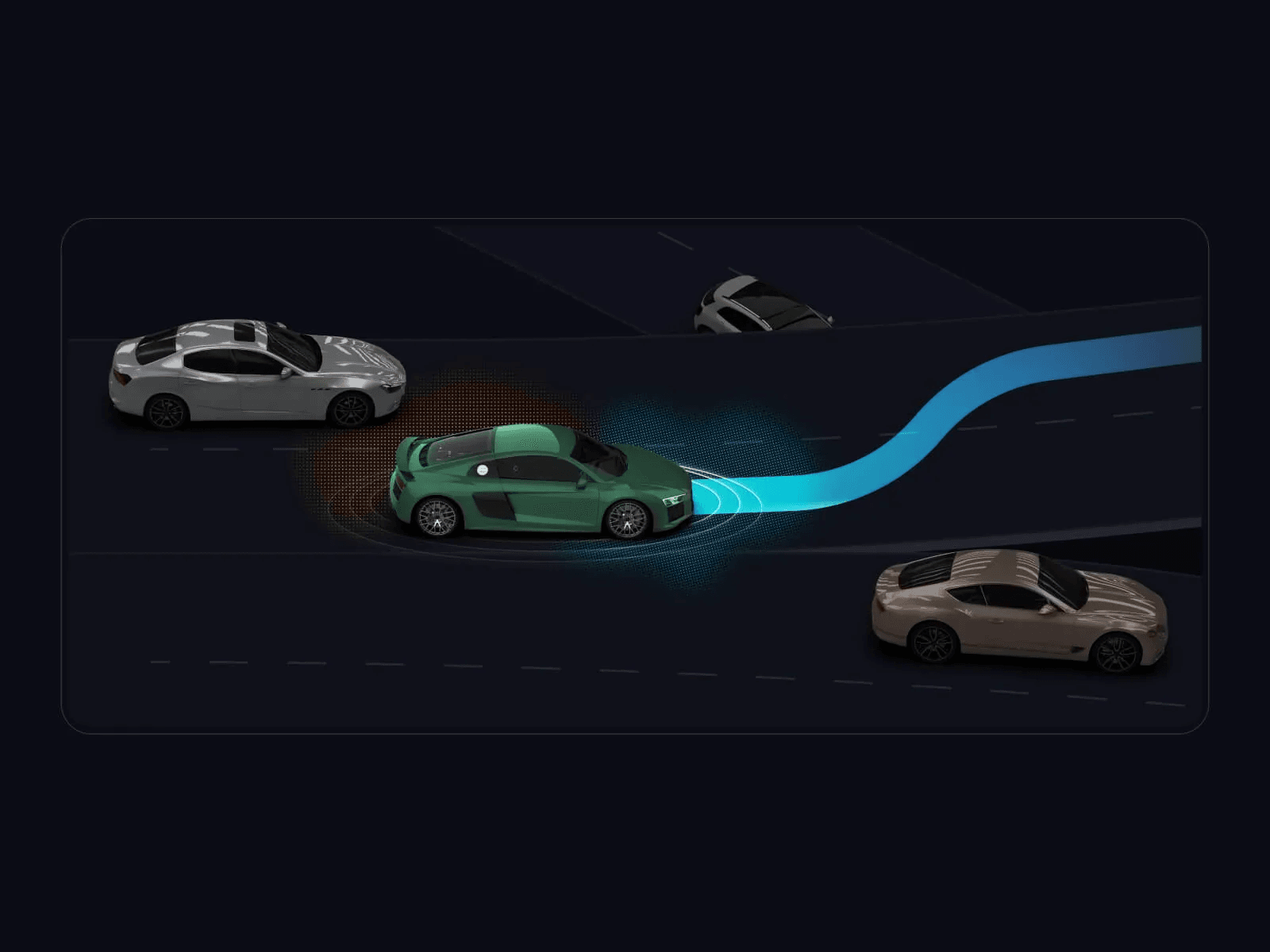 Render of a green car on a road with a light trail and sound fields around it