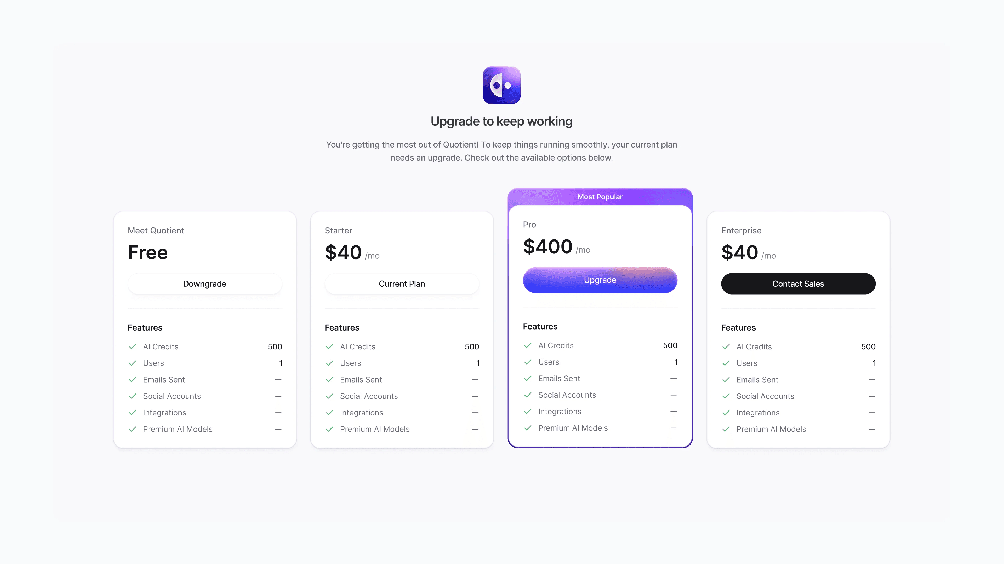 Upgrade to keep working: Free, Starter, Pro and Enterprise plans side by side, with Pro highlighted