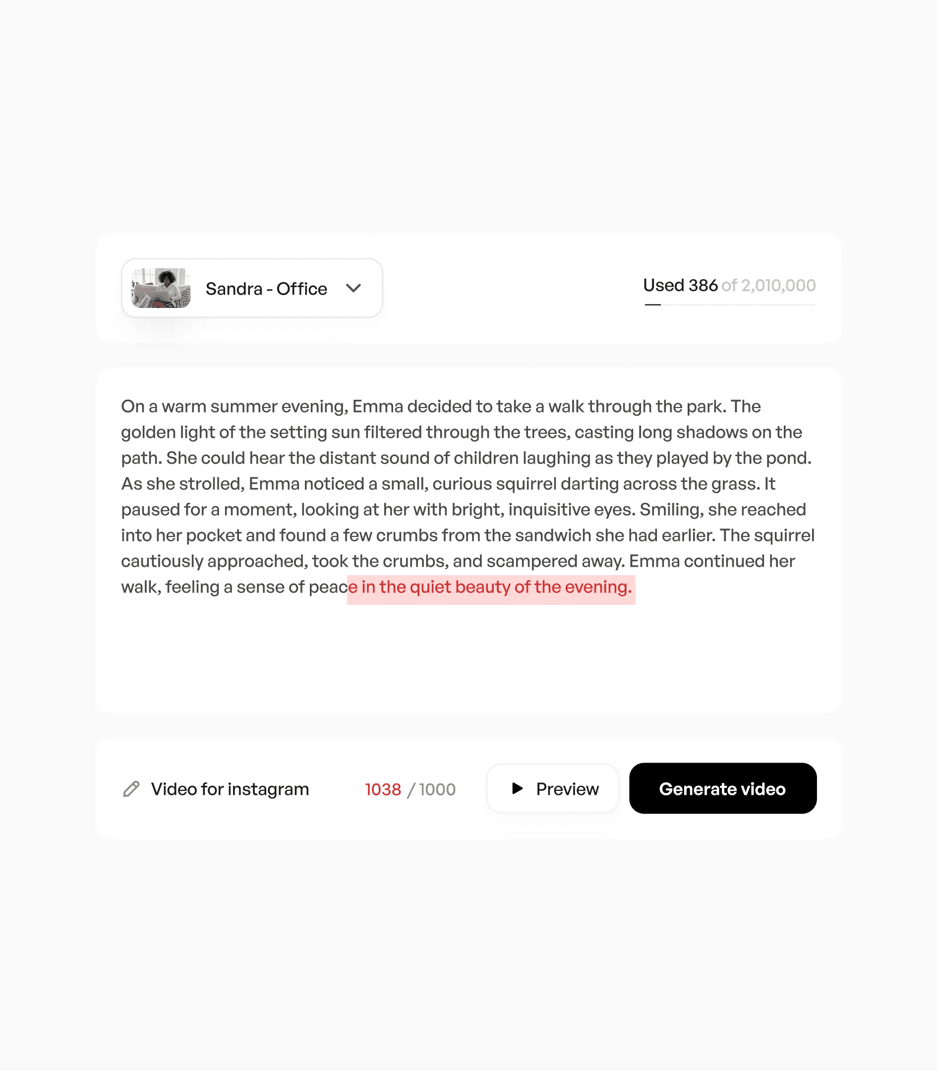 Text to video editor: a script for Sandra - Office, with Preview and Generate video