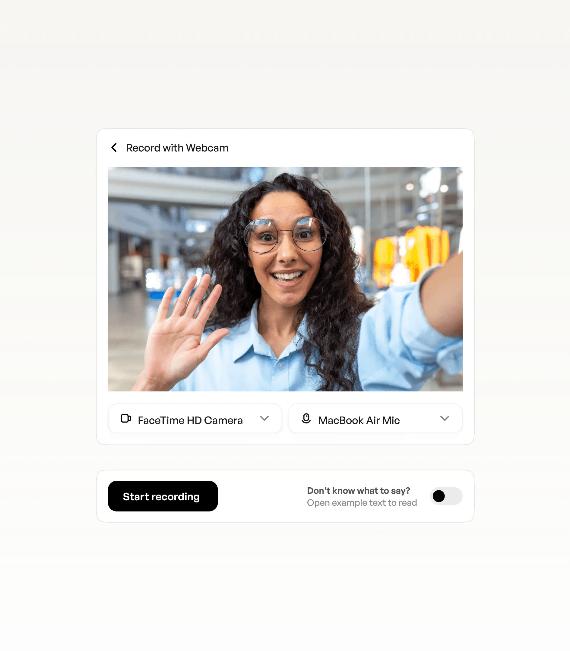Record with Webcam: the camera preview, camera and mic pickers, and Start recording