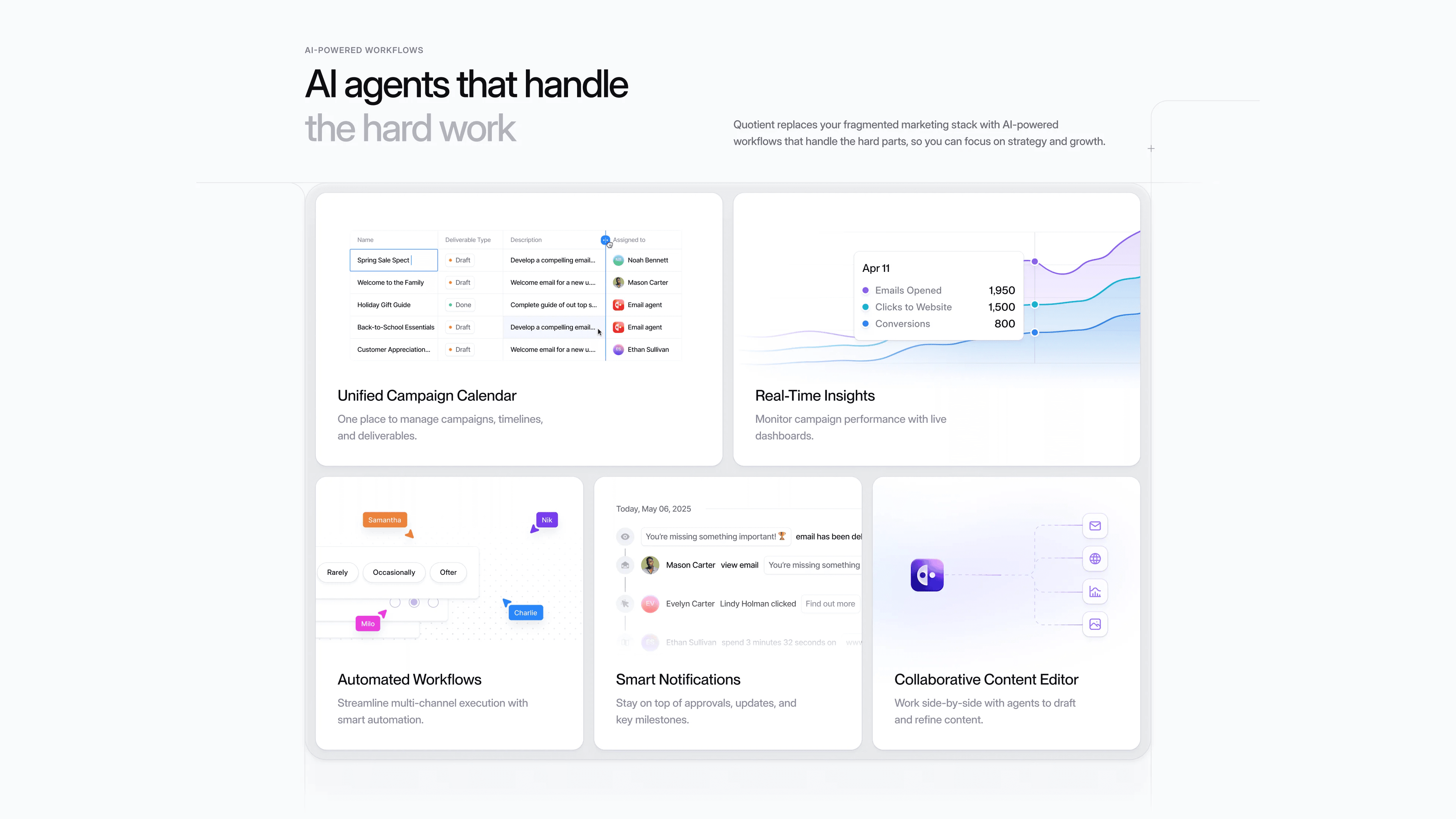 Website section: AI agents that handle the hard work, with the campaign calendar, insights, workflows and notifications