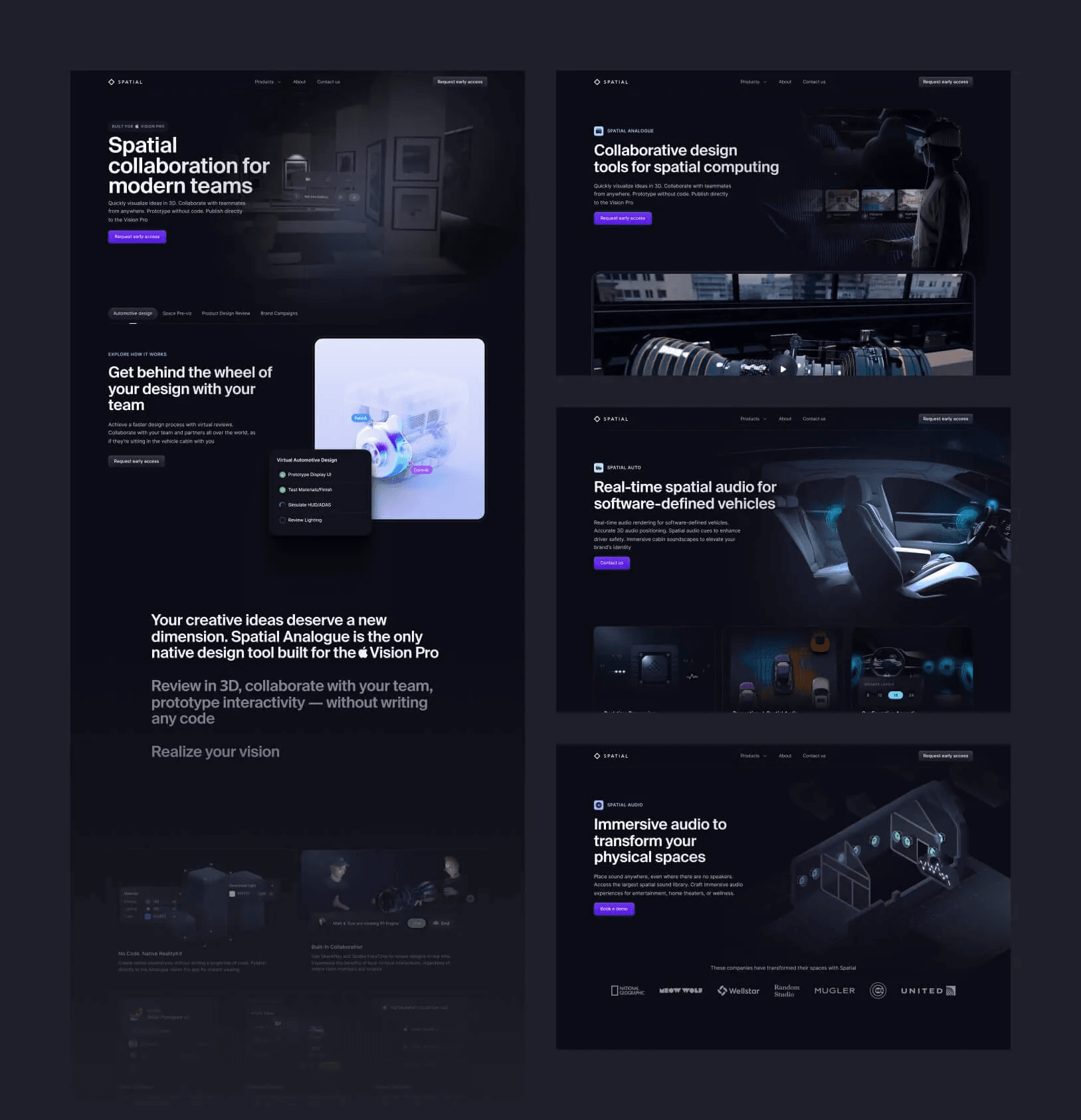 Page board: the homepage, Analogue, Auto and Audio pages side by side